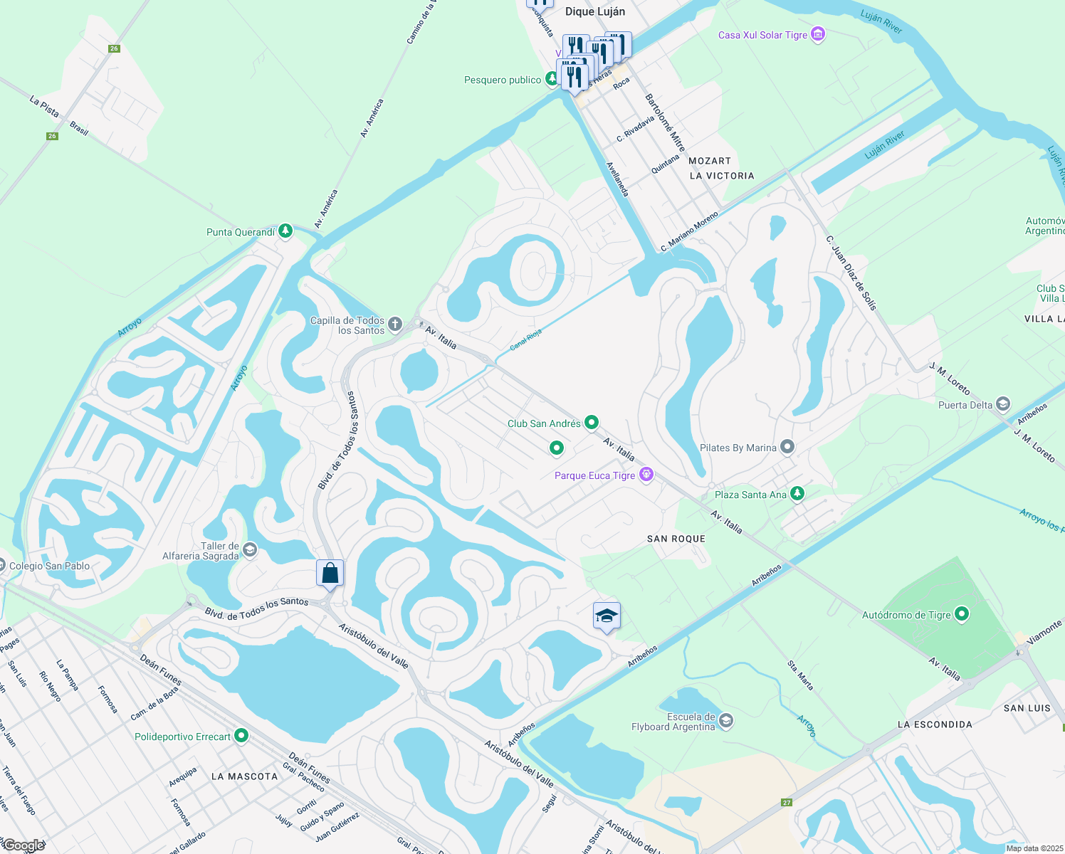 map of restaurants, bars, coffee shops, grocery stores, and more near 5613 Tronador in Tigre
