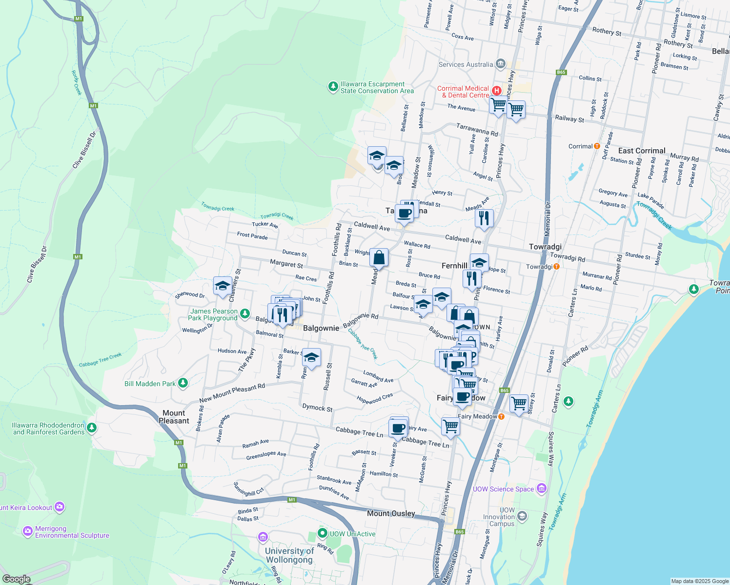 map of restaurants, bars, coffee shops, grocery stores, and more near 15 Para Street in Balgownie
