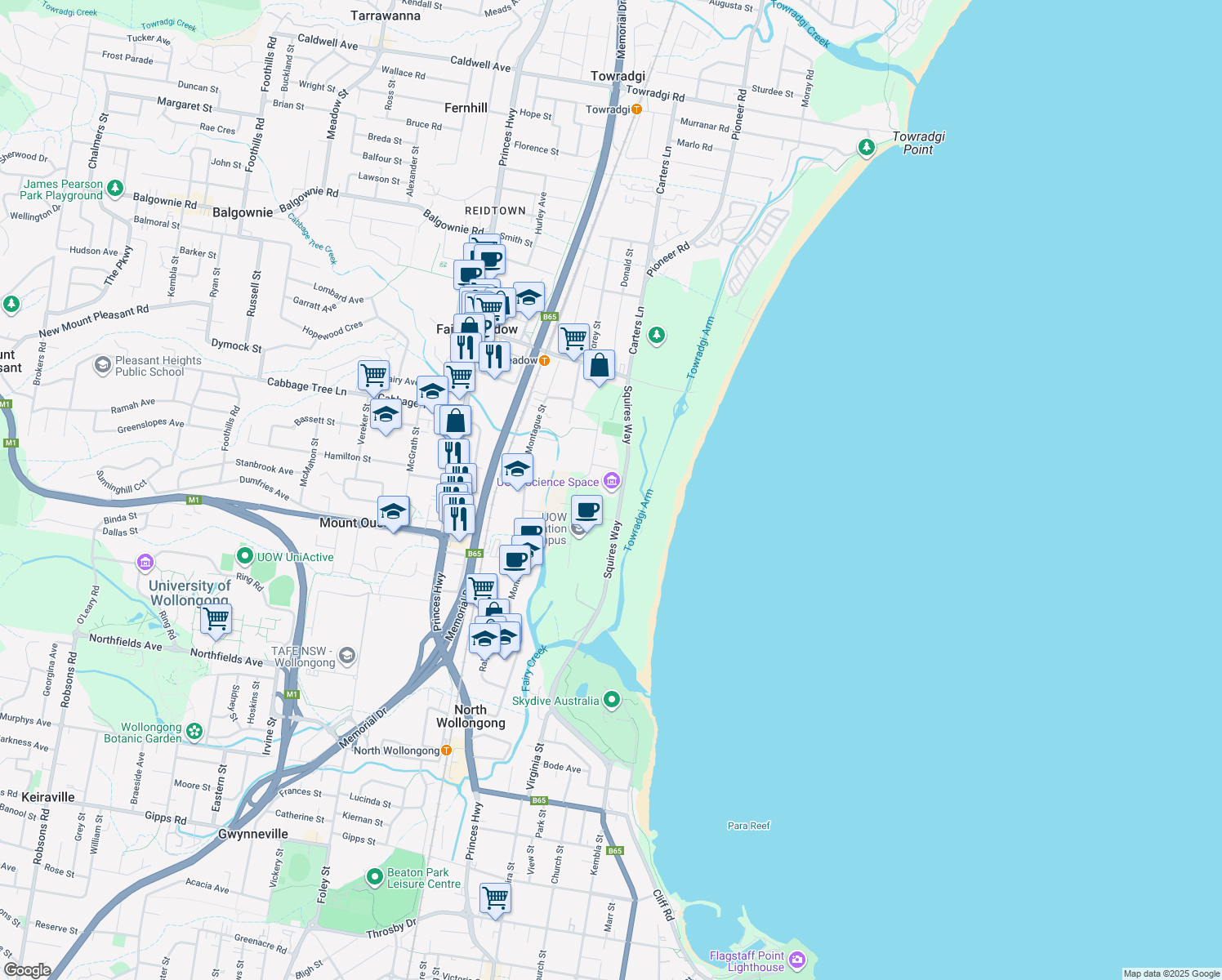 map of restaurants, bars, coffee shops, grocery stores, and more near in North Wollongong