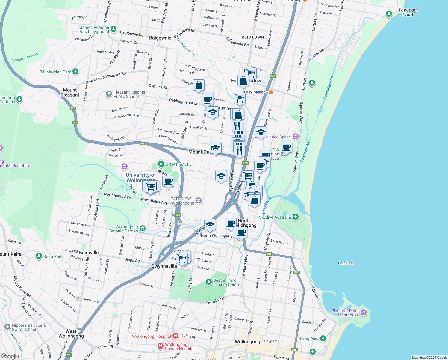 map of restaurants, bars, coffee shops, grocery stores, and more near Lysaght Street in North Wollongong