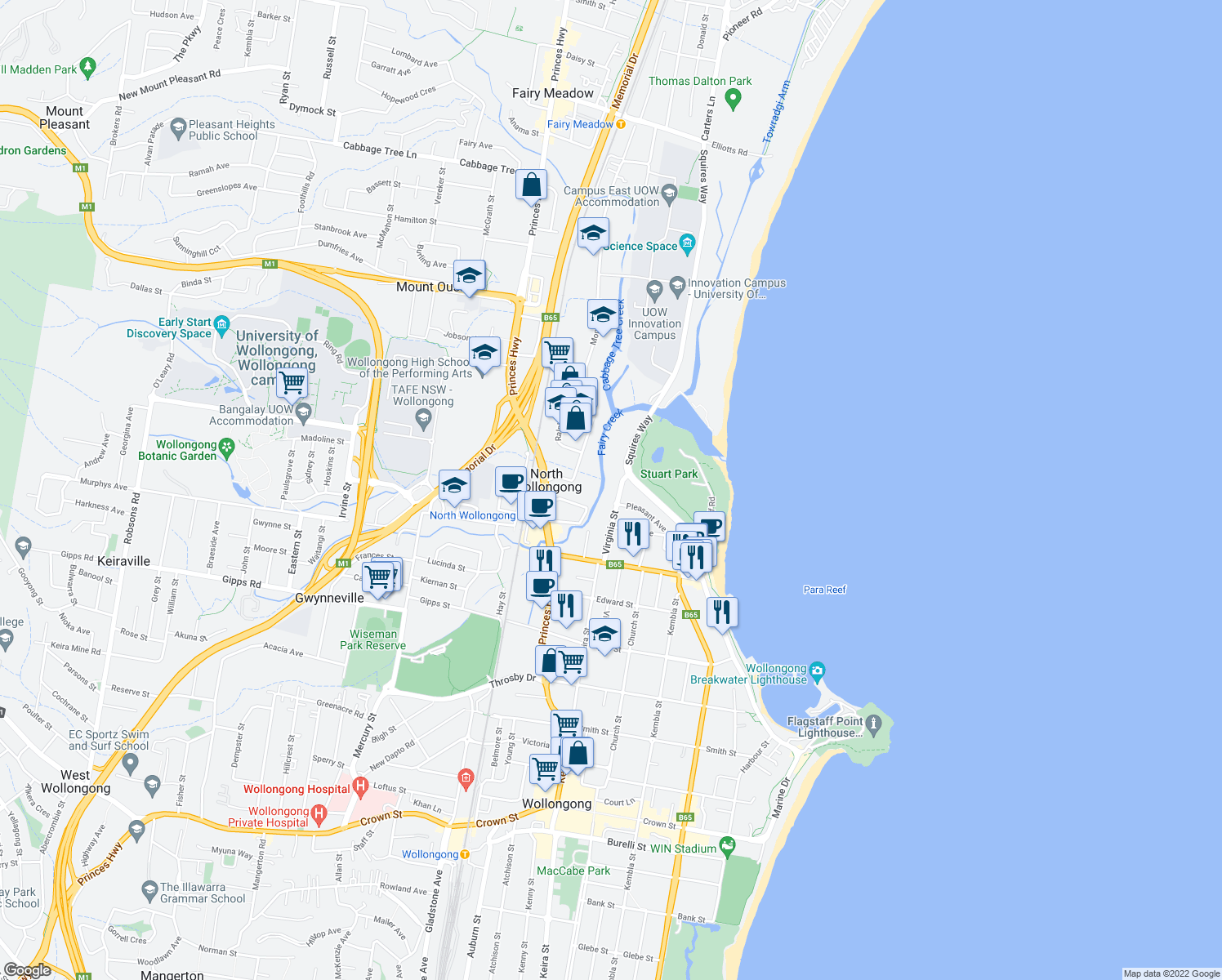 map of restaurants, bars, coffee shops, grocery stores, and more near 4 Virginia Street in North Wollongong
