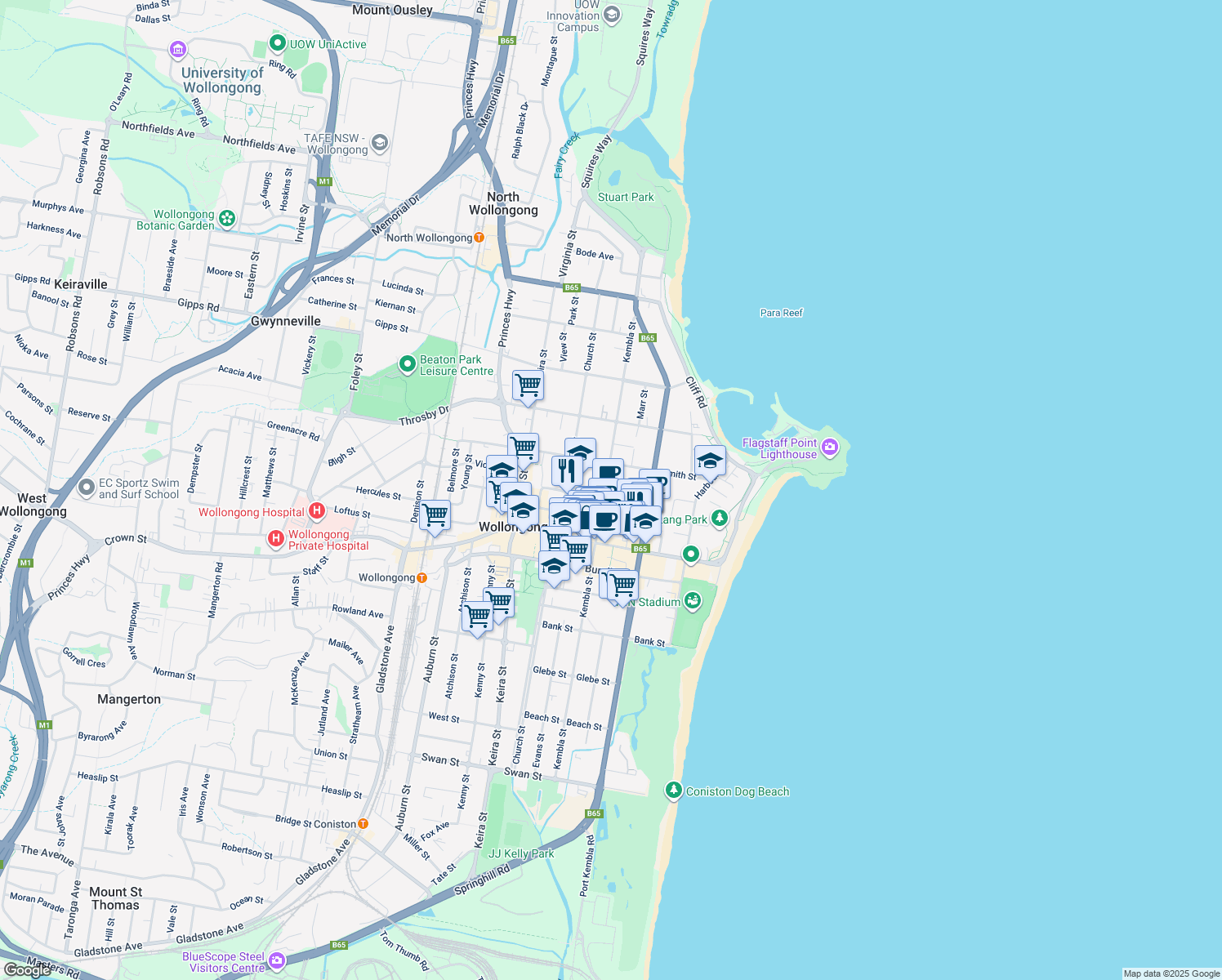 map of restaurants, bars, coffee shops, grocery stores, and more near 45 Kembla Street in Wollongong