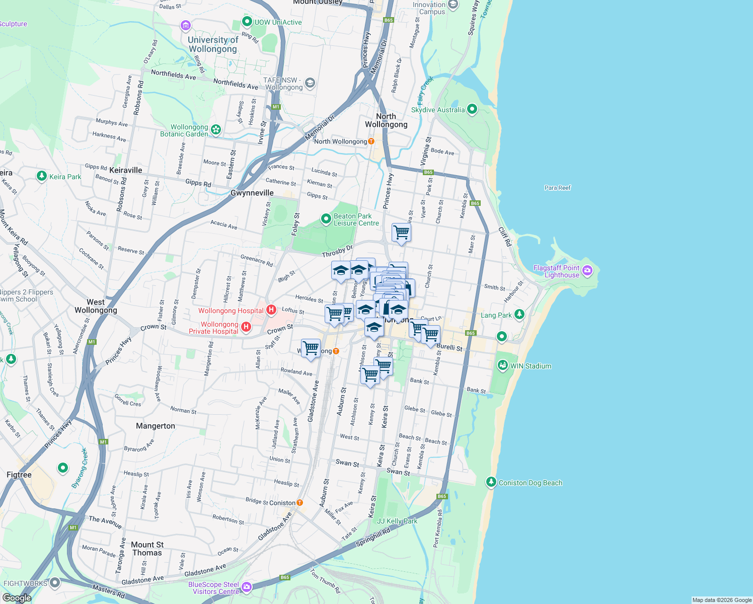 map of restaurants, bars, coffee shops, grocery stores, and more near 77 Market Street in Wollongong