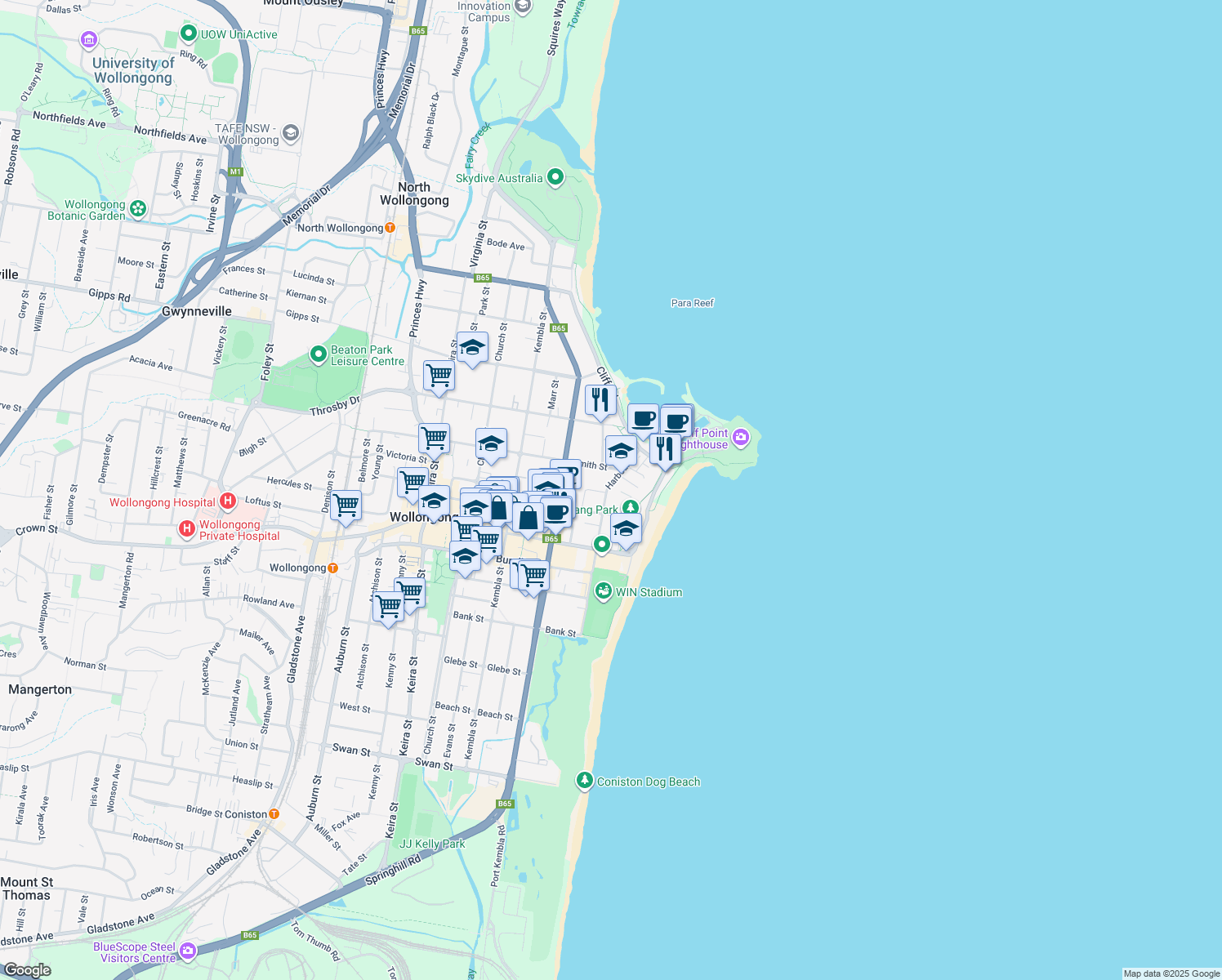 map of restaurants, bars, coffee shops, grocery stores, and more near 15 Harbour Street in Wollongong
