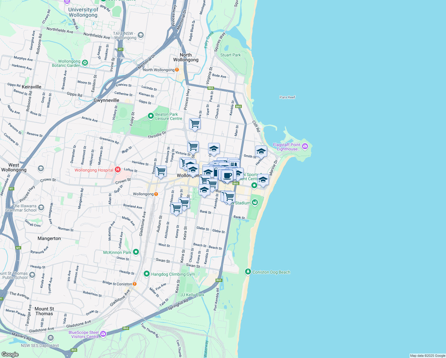 map of restaurants, bars, coffee shops, grocery stores, and more near 90 Crown Street in Wollongong