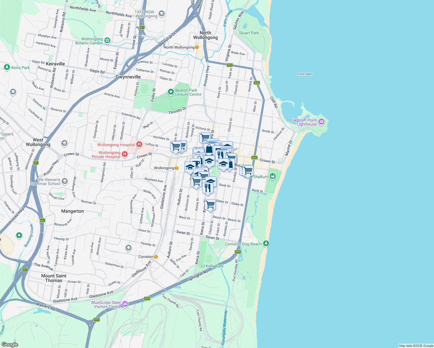 map of restaurants, bars, coffee shops, grocery stores, and more near 86 Church Street in Wollongong
