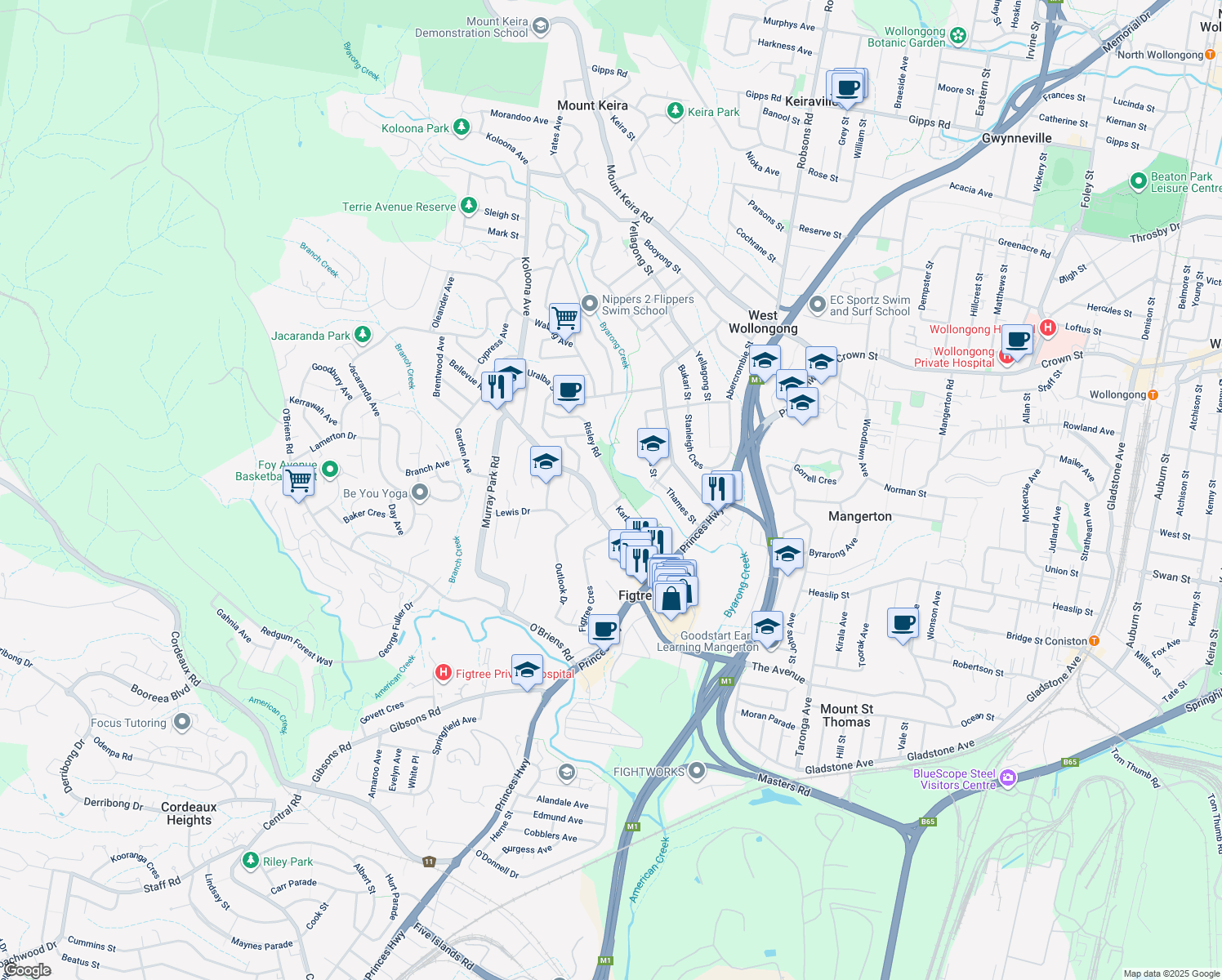 map of restaurants, bars, coffee shops, grocery stores, and more near 54 Risley Road in Figtree