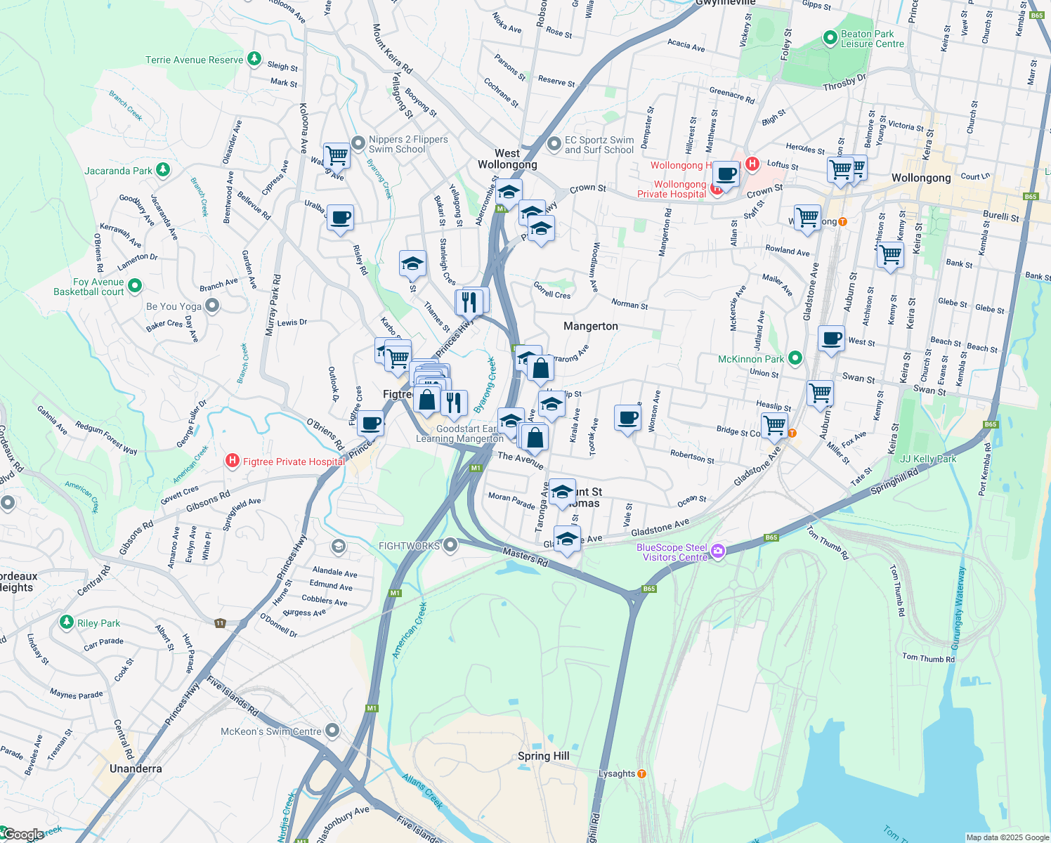 map of restaurants, bars, coffee shops, grocery stores, and more near 98 Saint Johns Avenue in Mangerton