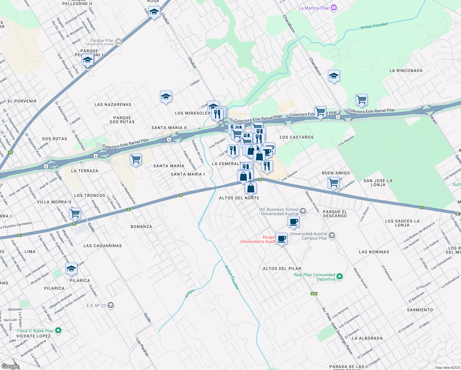 map of restaurants, bars, coffee shops, grocery stores, and more near 1199 Avenida Sargento Cayetano Beliera in Pilar