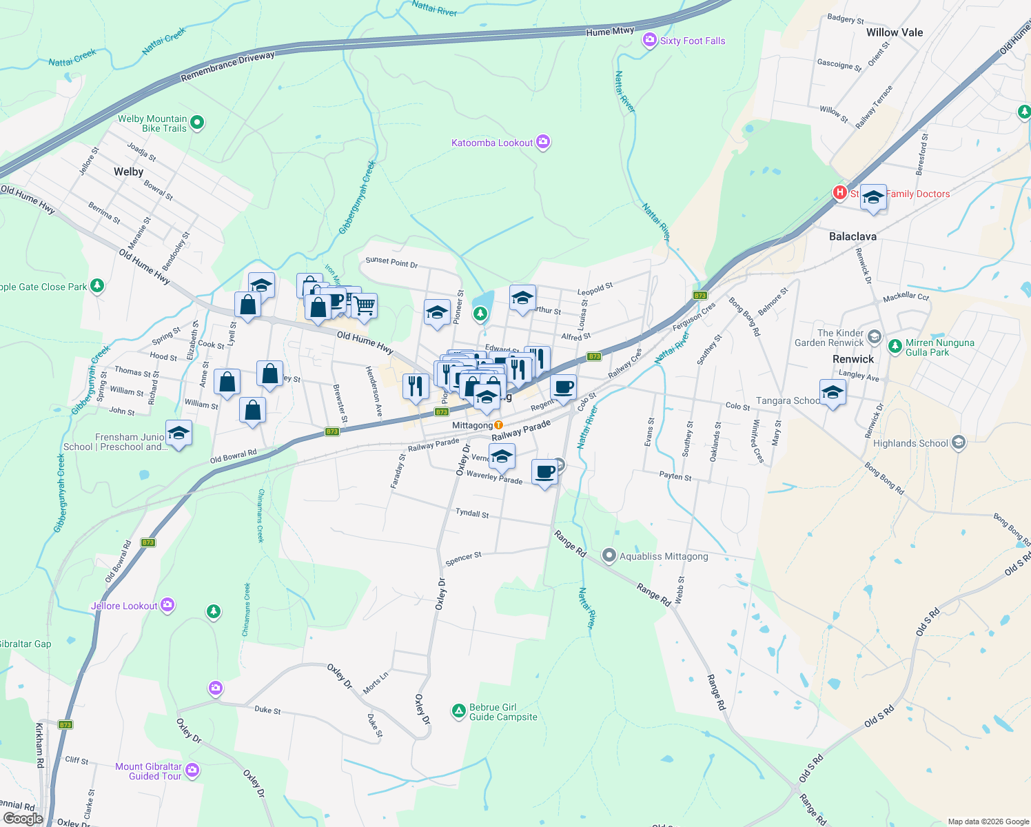 map of restaurants, bars, coffee shops, grocery stores, and more near Church Lane in Mittagong