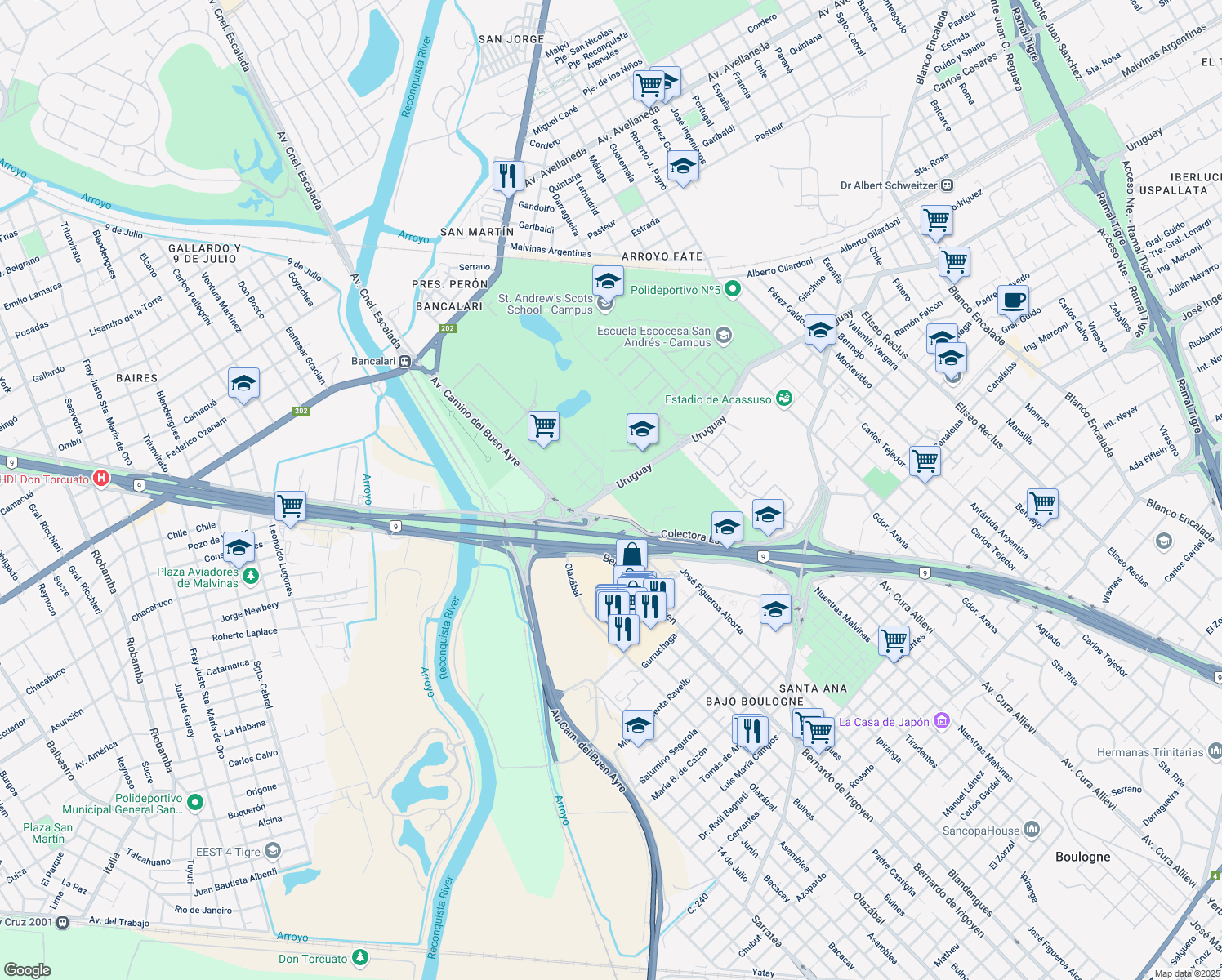 map of restaurants, bars, coffee shops, grocery stores, and more near 7286 Uruguay in Boulogne