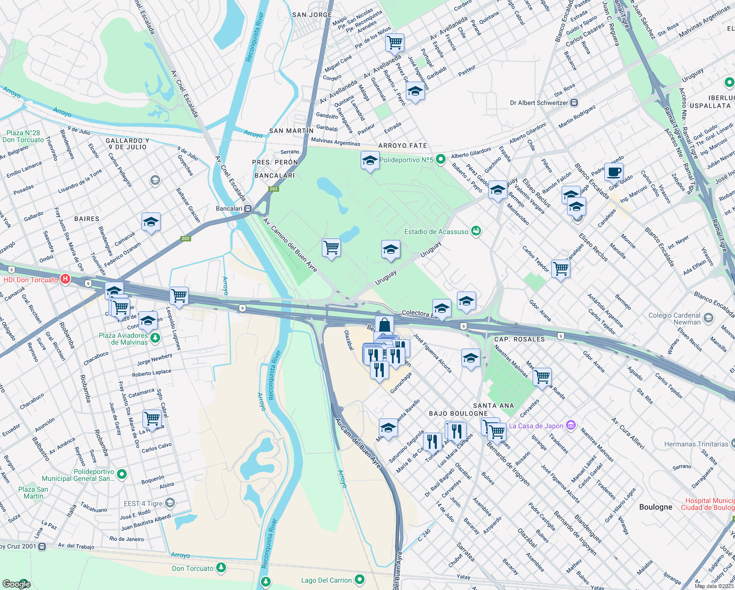 map of restaurants, bars, coffee shops, grocery stores, and more near 7286 Uruguay in Boulogne