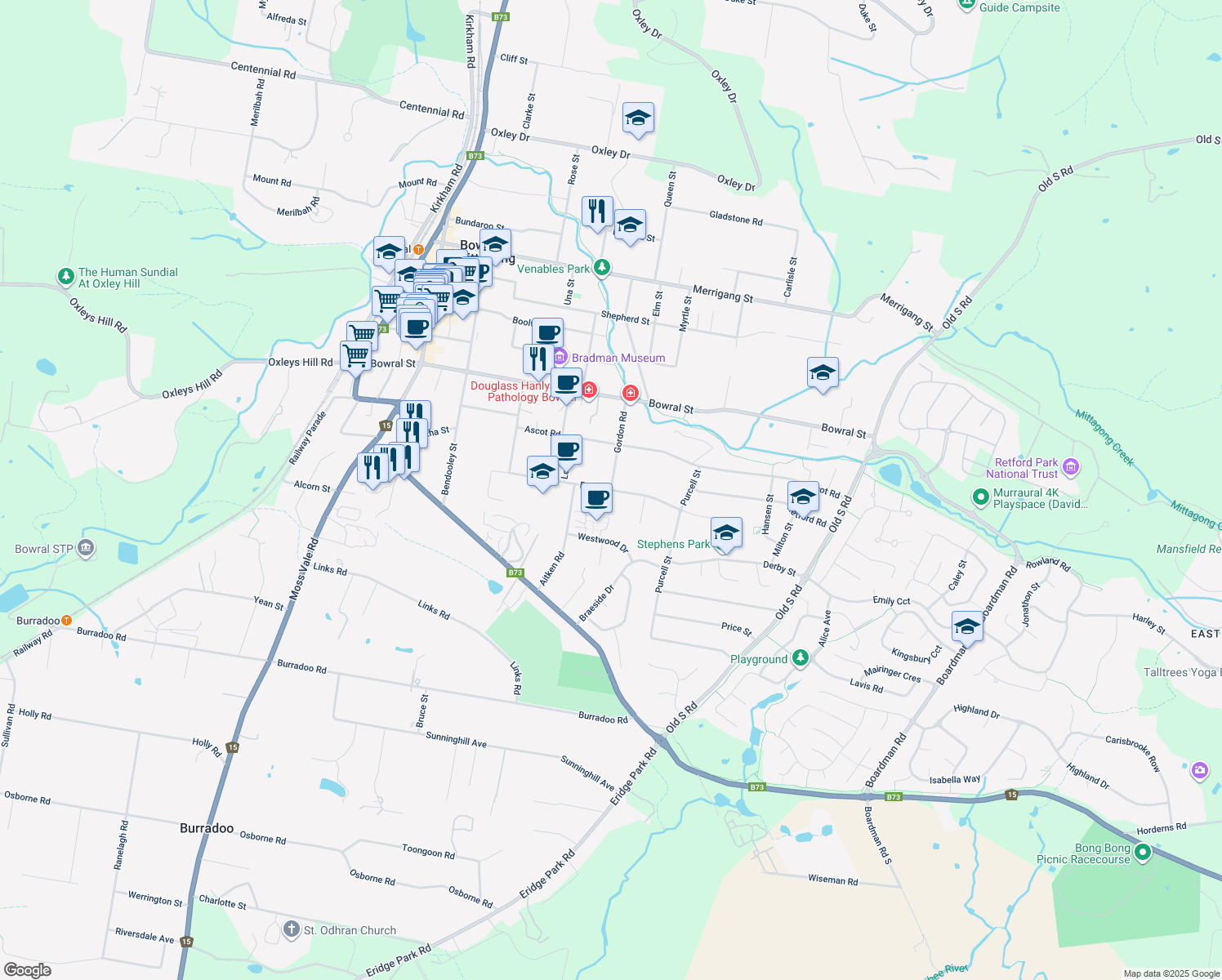 map of restaurants, bars, coffee shops, grocery stores, and more near Park Road in Bowral