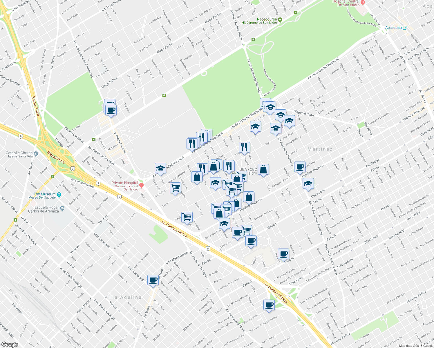 map of restaurants, bars, coffee shops, grocery stores, and more near 2607 Cuyo in Martínez