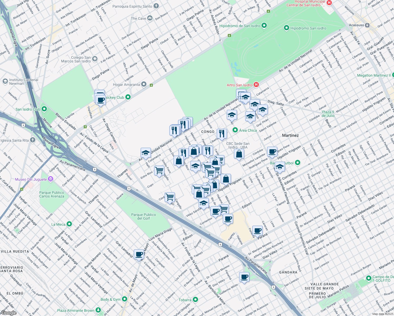 map of restaurants, bars, coffee shops, grocery stores, and more near 2607 Cuyo in Martínez