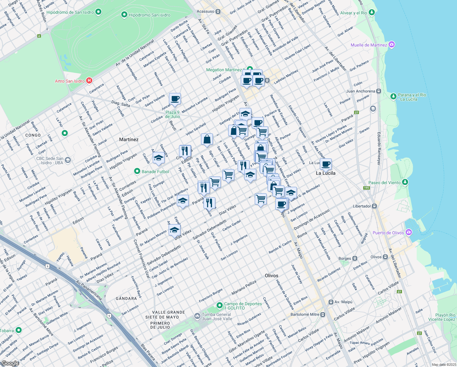 map of restaurants, bars, coffee shops, grocery stores, and more near 3770 Sargento Cabral in Martínez