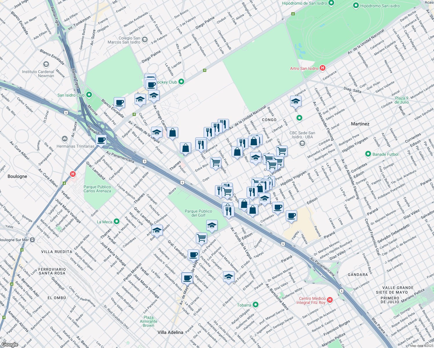 map of restaurants, bars, coffee shops, grocery stores, and more near 3422 Cuyo in Martínez