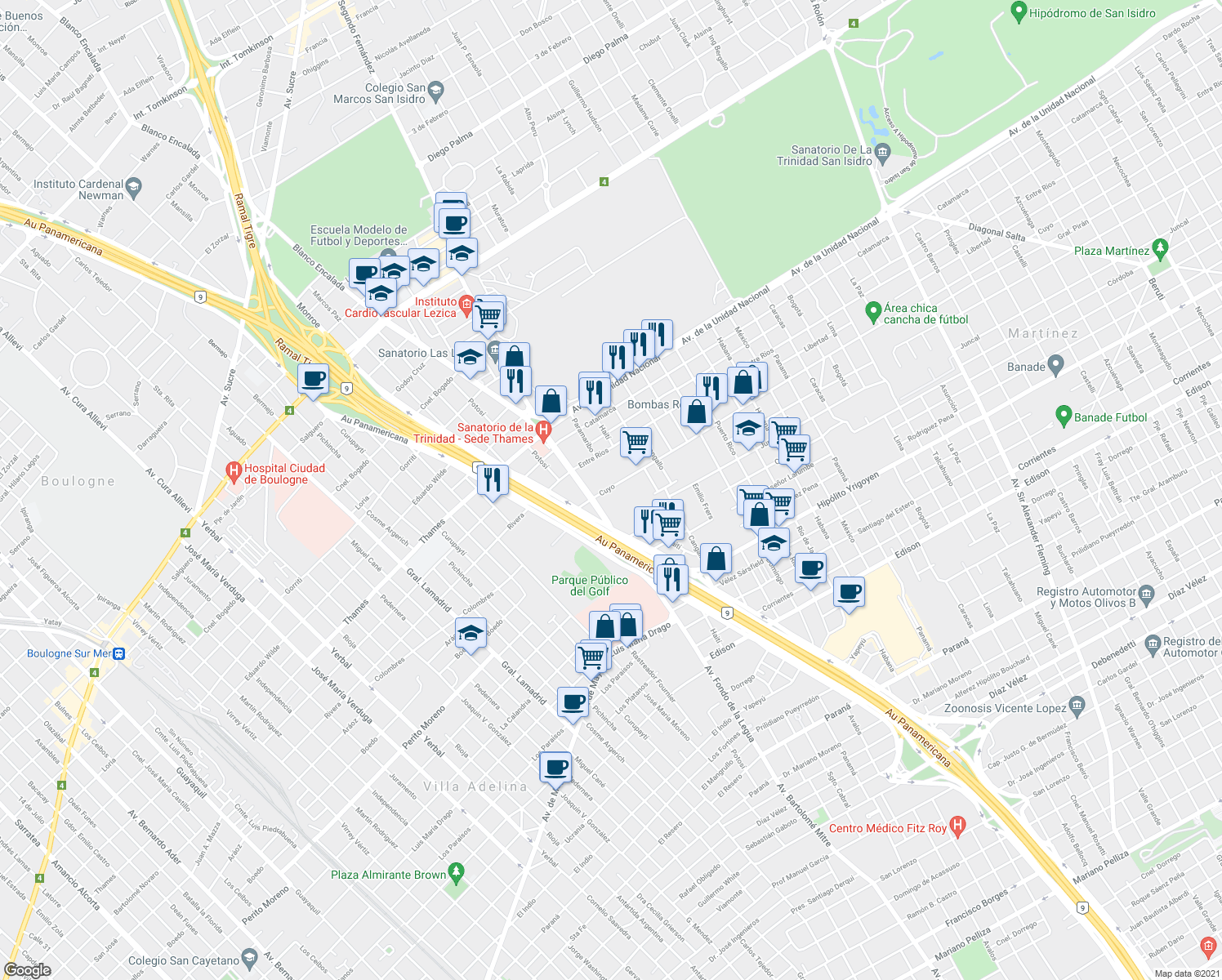 map of restaurants, bars, coffee shops, grocery stores, and more near 3512 Cuyo in Martínez