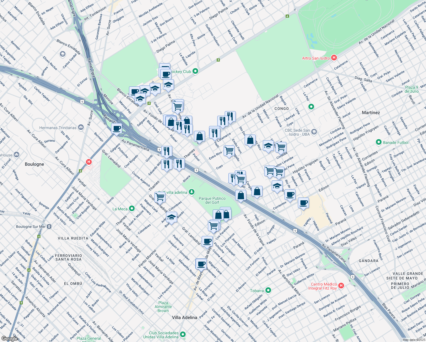 map of restaurants, bars, coffee shops, grocery stores, and more near 3512 Cuyo in Martínez
