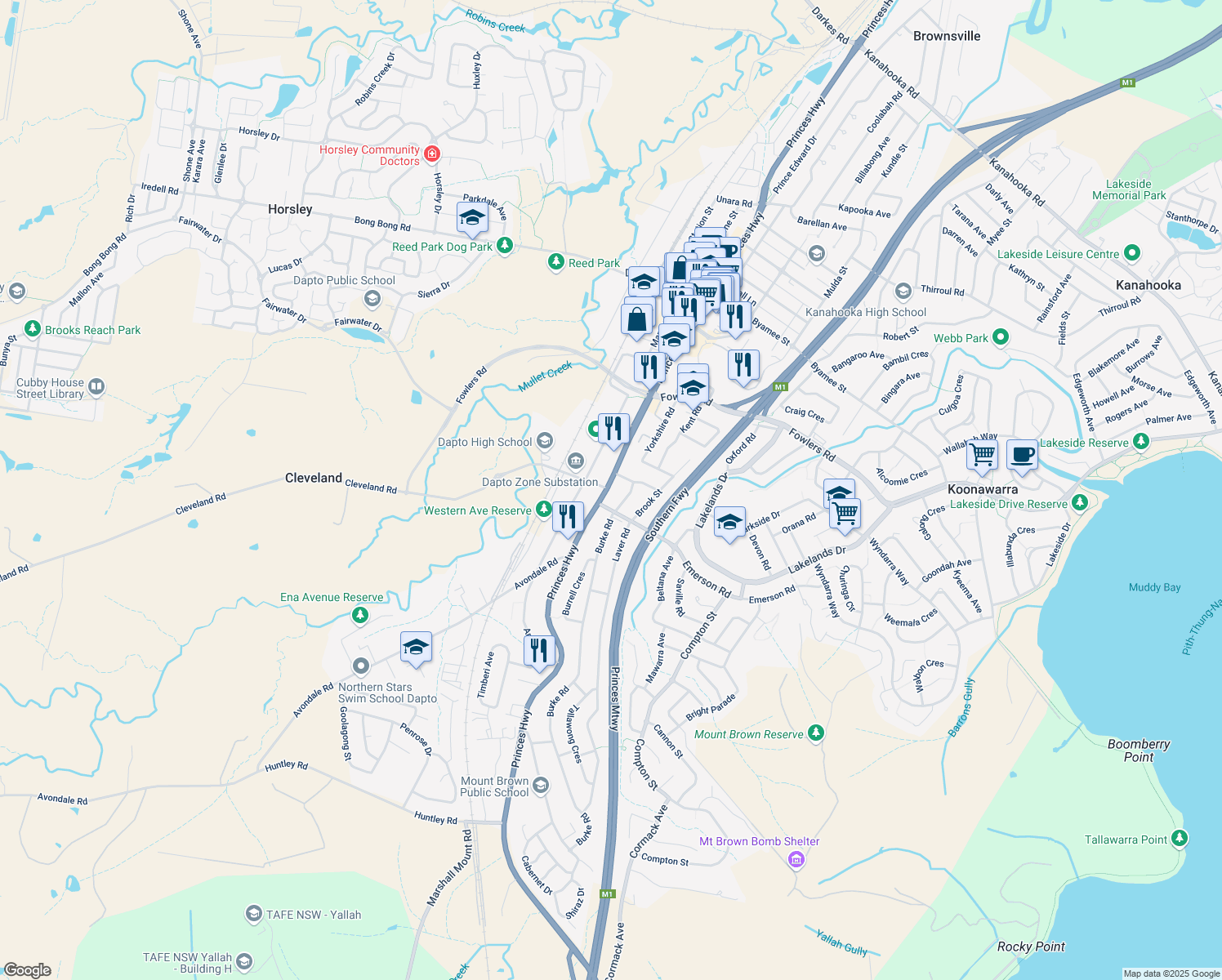 map of restaurants, bars, coffee shops, grocery stores, and more near 161 Princes Highway in Dapto