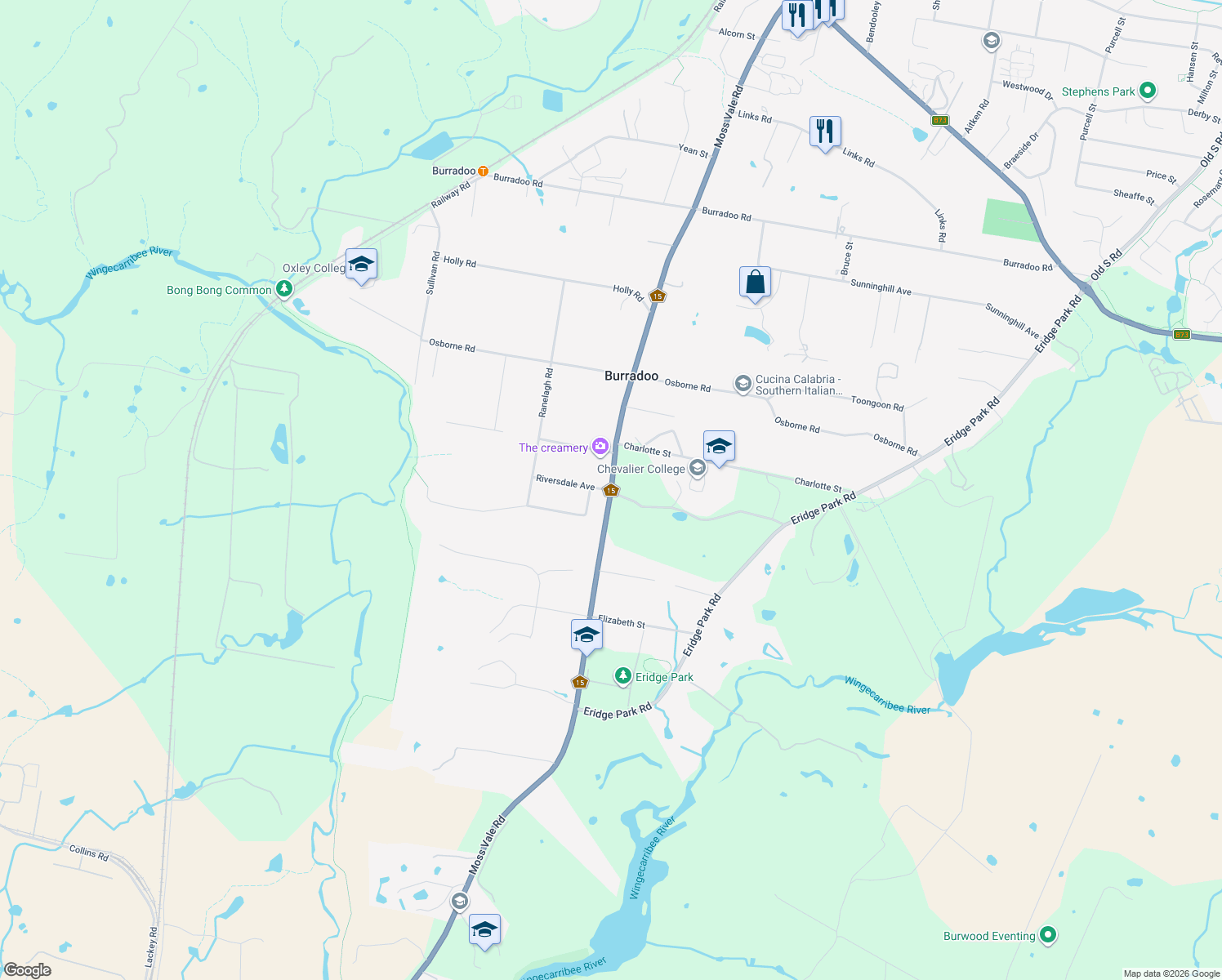 map of restaurants, bars, coffee shops, grocery stores, and more near Moss Vale Road in Burradoo