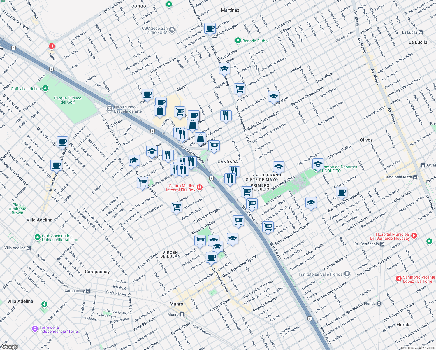 map of restaurants, bars, coffee shops, grocery stores, and more near 3551 Blas Parera in Olivos