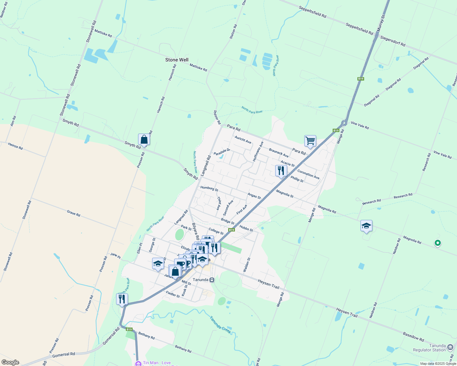 map of restaurants, bars, coffee shops, grocery stores, and more near 43 Angas Street in Tanunda