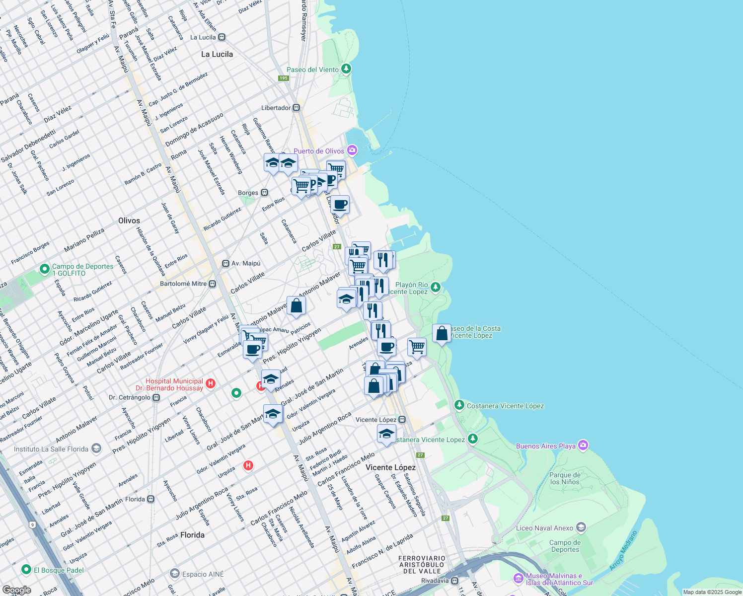 map of restaurants, bars, coffee shops, grocery stores, and more near 571 Presidente Hipólito Yrigoyen in Vicente López