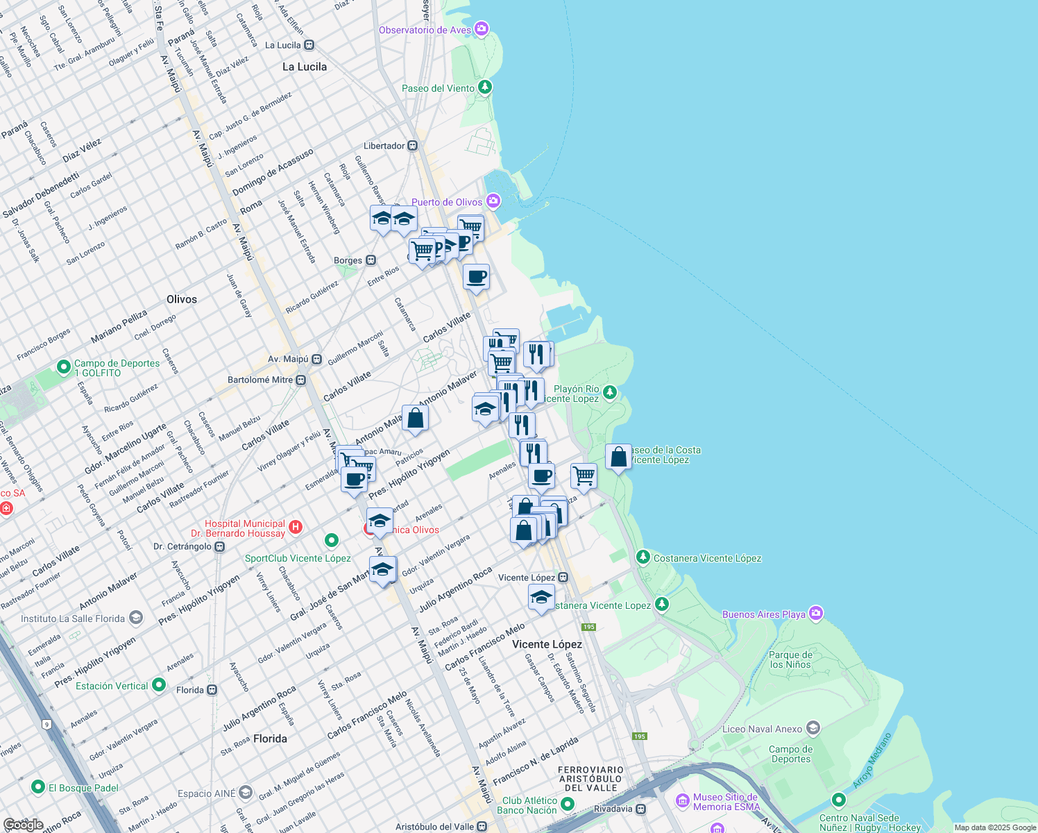 map of restaurants, bars, coffee shops, grocery stores, and more near 571 Presidente Hipólito Yrigoyen in Vicente López