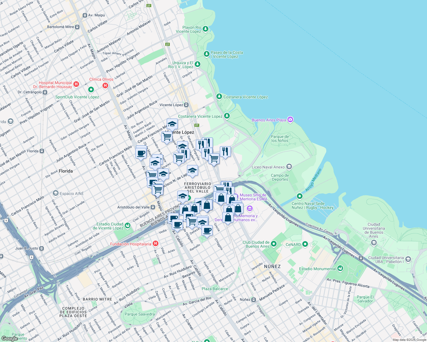map of restaurants, bars, coffee shops, grocery stores, and more near 174 Avenida del Libertador General San Martín in Vicente López