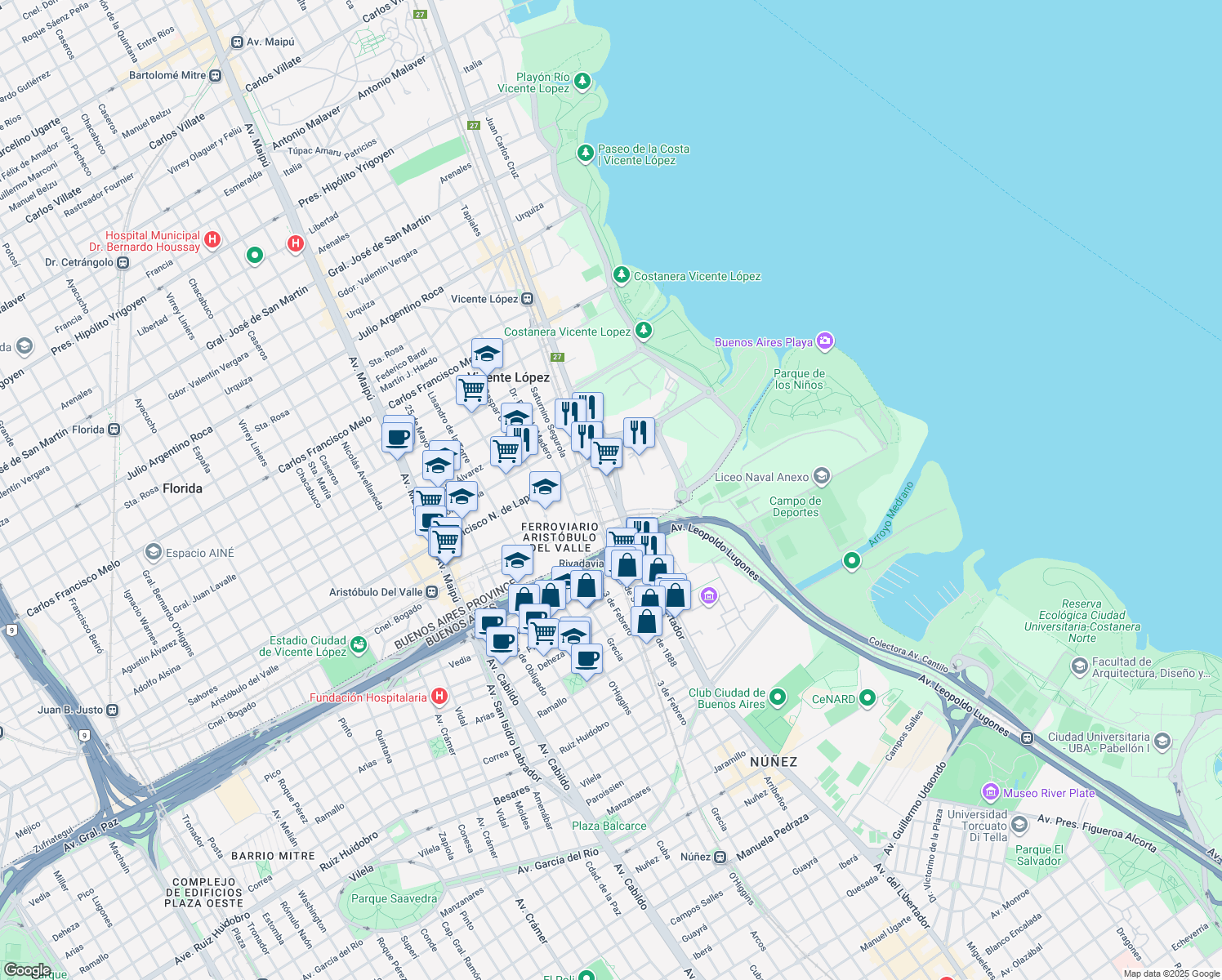 map of restaurants, bars, coffee shops, grocery stores, and more near 174 Avenida del Libertador General San Martín in Vicente López