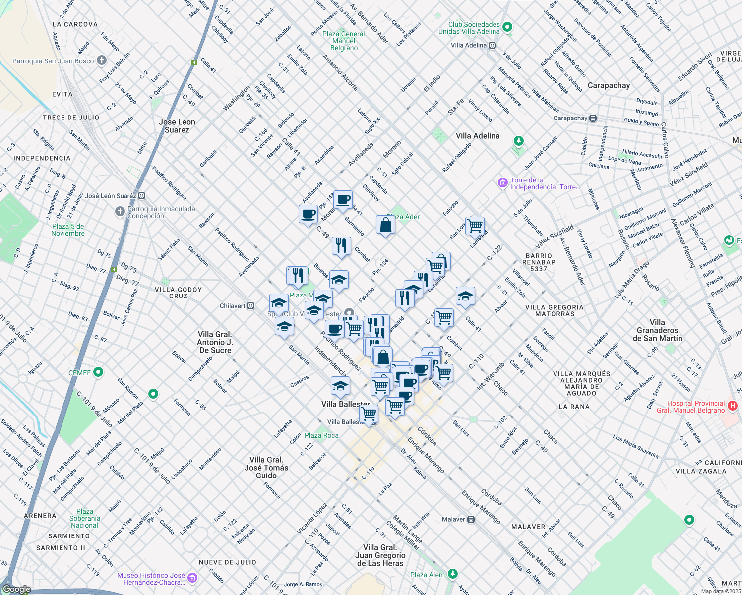 map of restaurants, bars, coffee shops, grocery stores, and more near 5549 República in Villa Ballester