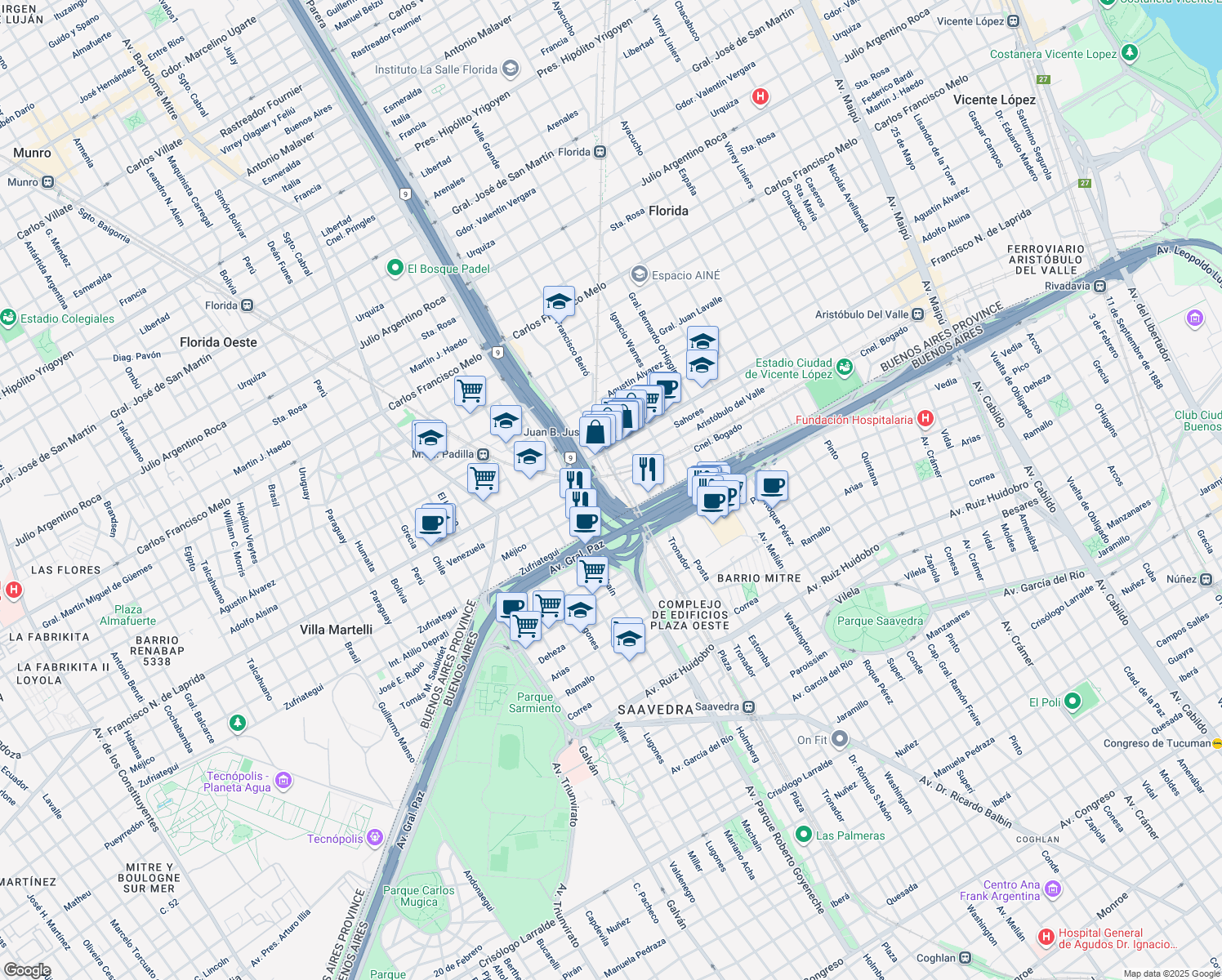 map of restaurants, bars, coffee shops, grocery stores, and more near 51 Blas Parera in Florida