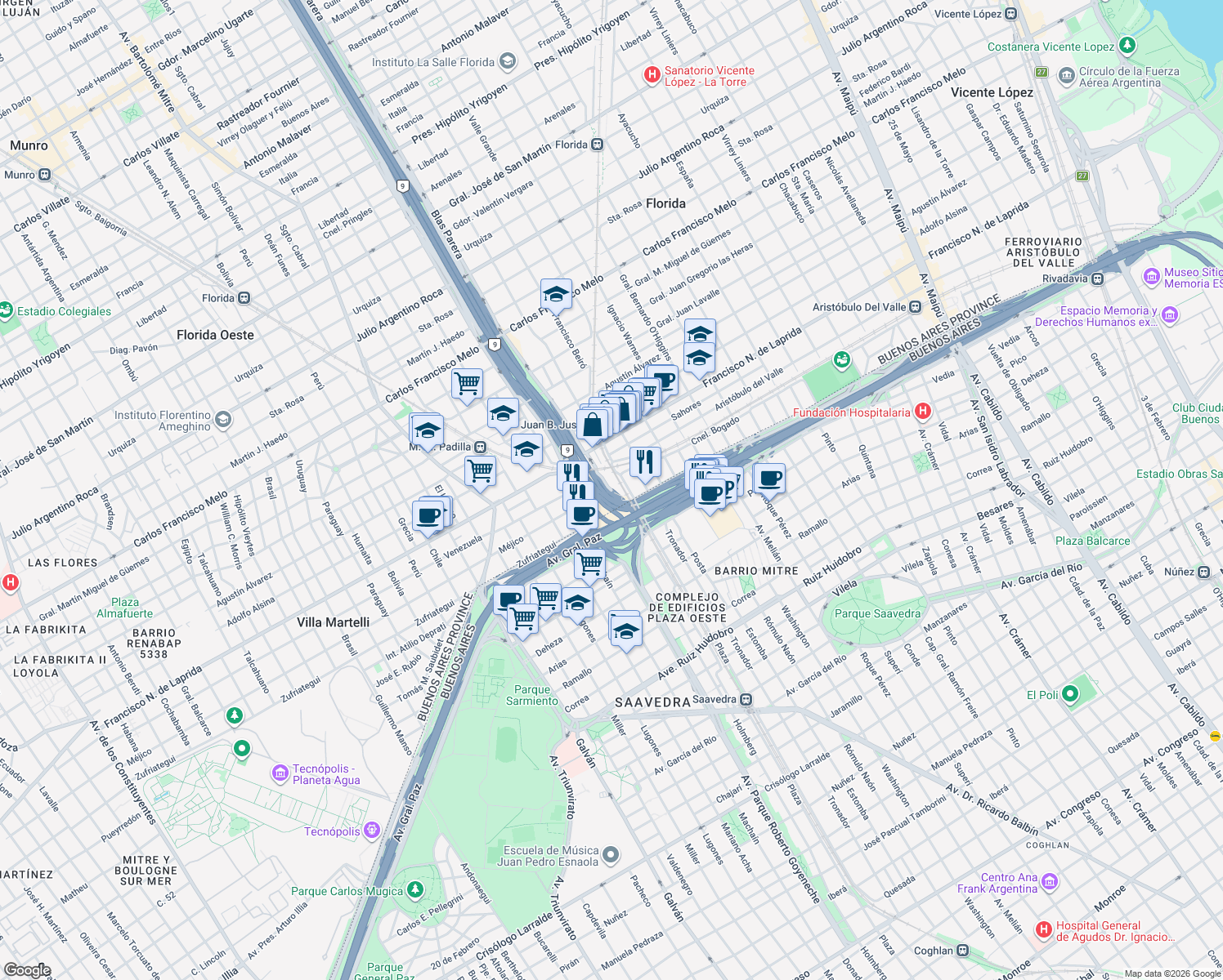 map of restaurants, bars, coffee shops, grocery stores, and more near 51 Blas Parera in Florida