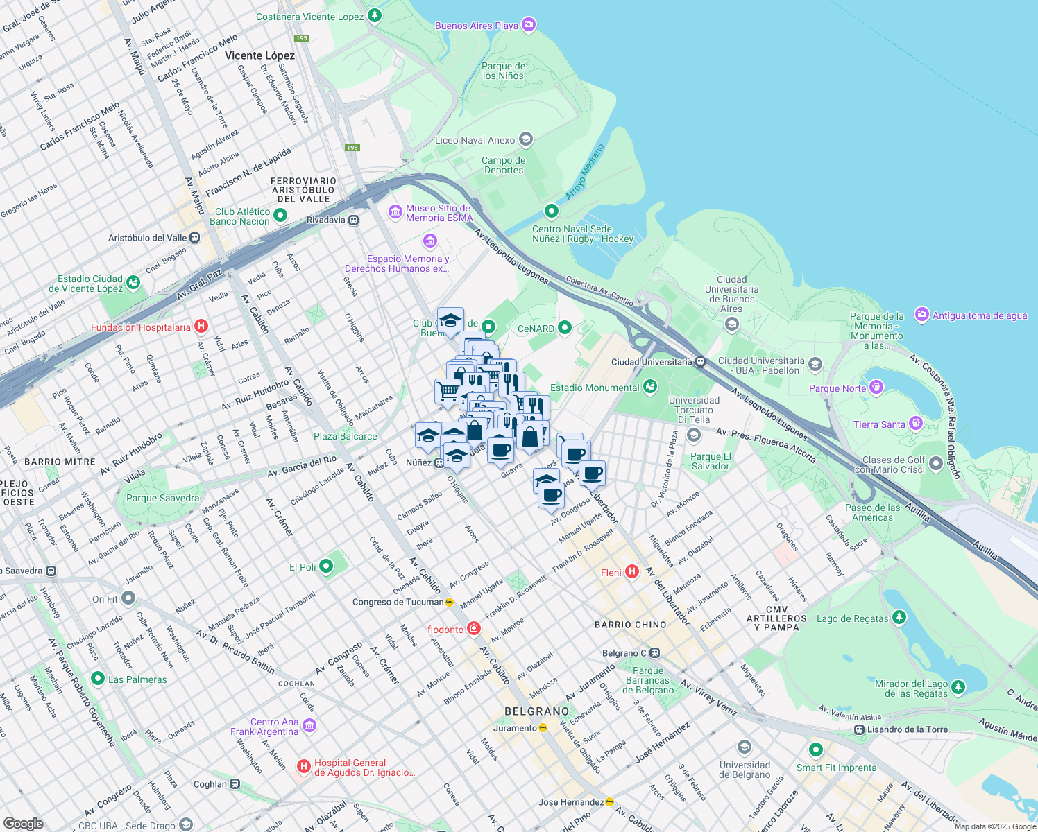 map of restaurants, bars, coffee shops, grocery stores, and more near 7208 Avenida del Libertador in C1429BMS