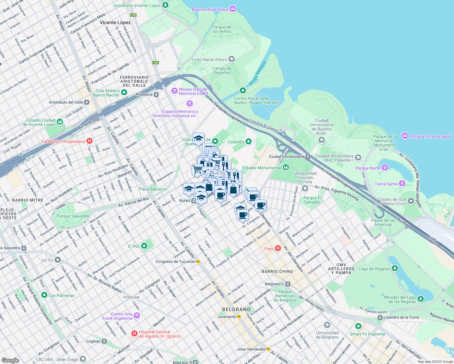map of restaurants, bars, coffee shops, grocery stores, and more near 7208 Avenida del Libertador in C1429BMS