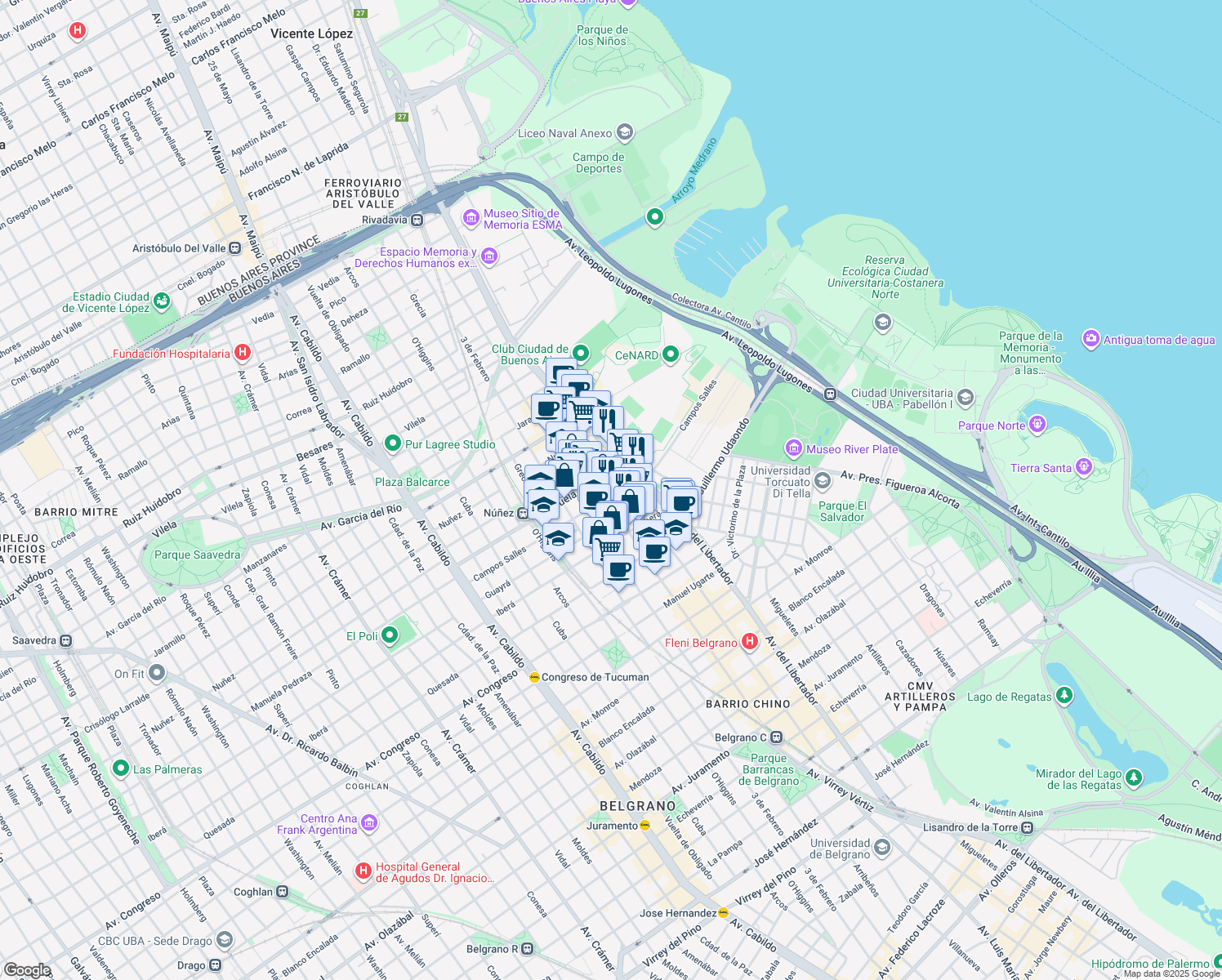 map of restaurants, bars, coffee shops, grocery stores, and more near 1565 Campos Salles in Buenos Aires