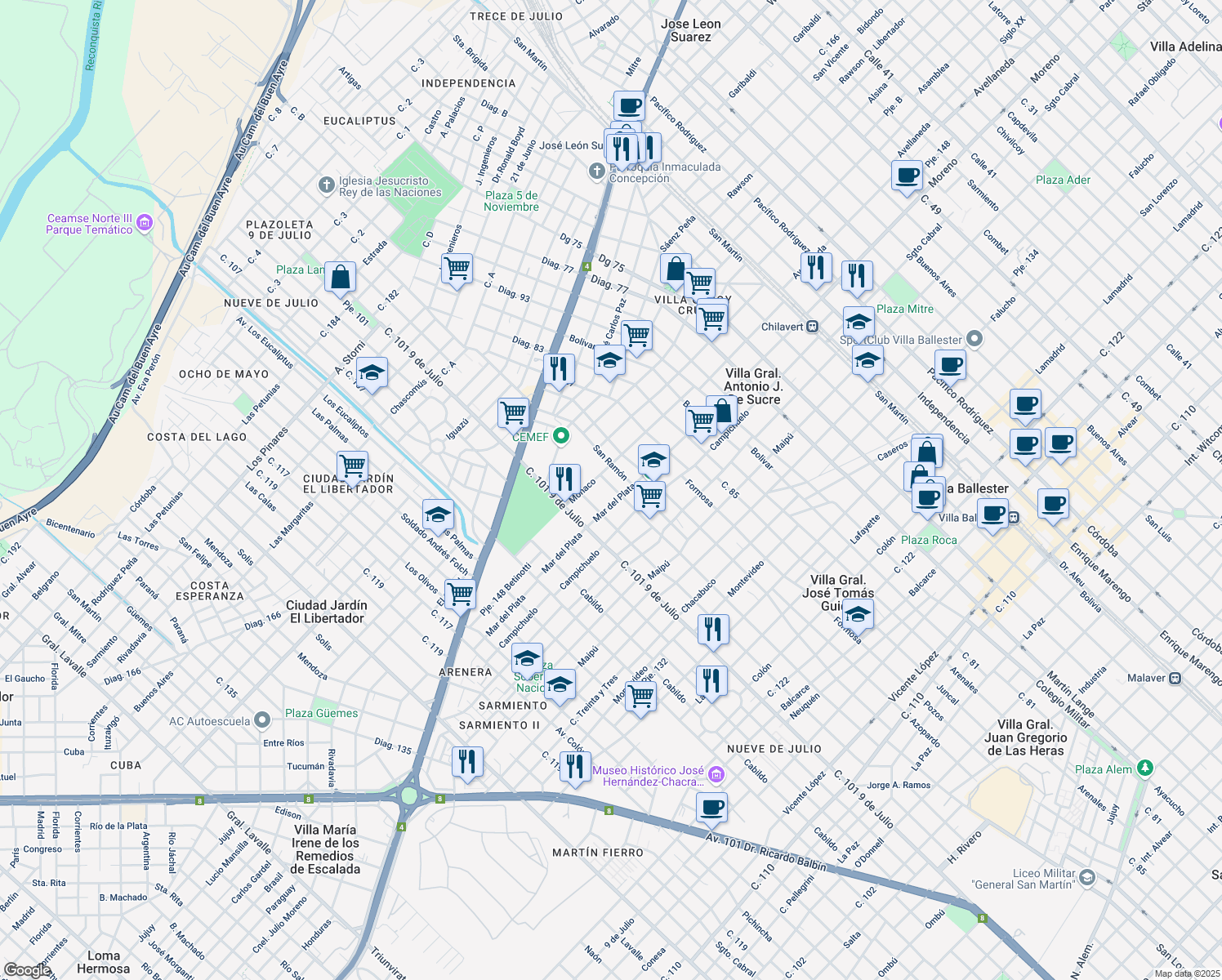 map of restaurants, bars, coffee shops, grocery stores, and more near 6128 San Pedro in Villa Ballester
