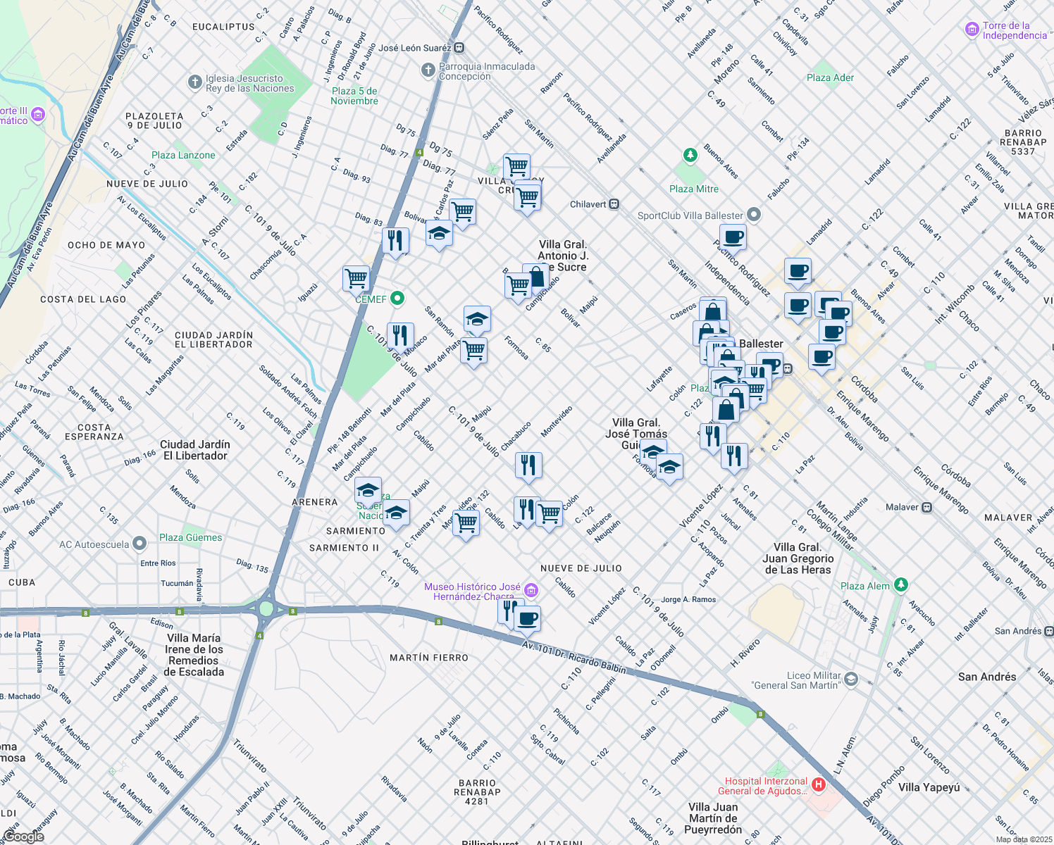 map of restaurants, bars, coffee shops, grocery stores, and more near 3993 Chacabuco in Villa Ballester