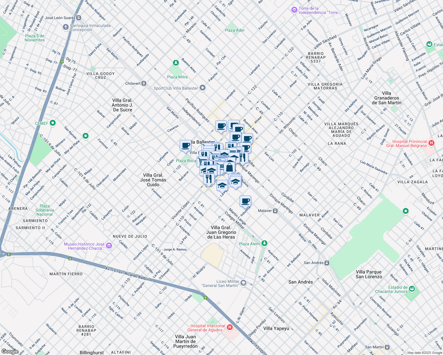 map of restaurants, bars, coffee shops, grocery stores, and more near in Villa Ballester