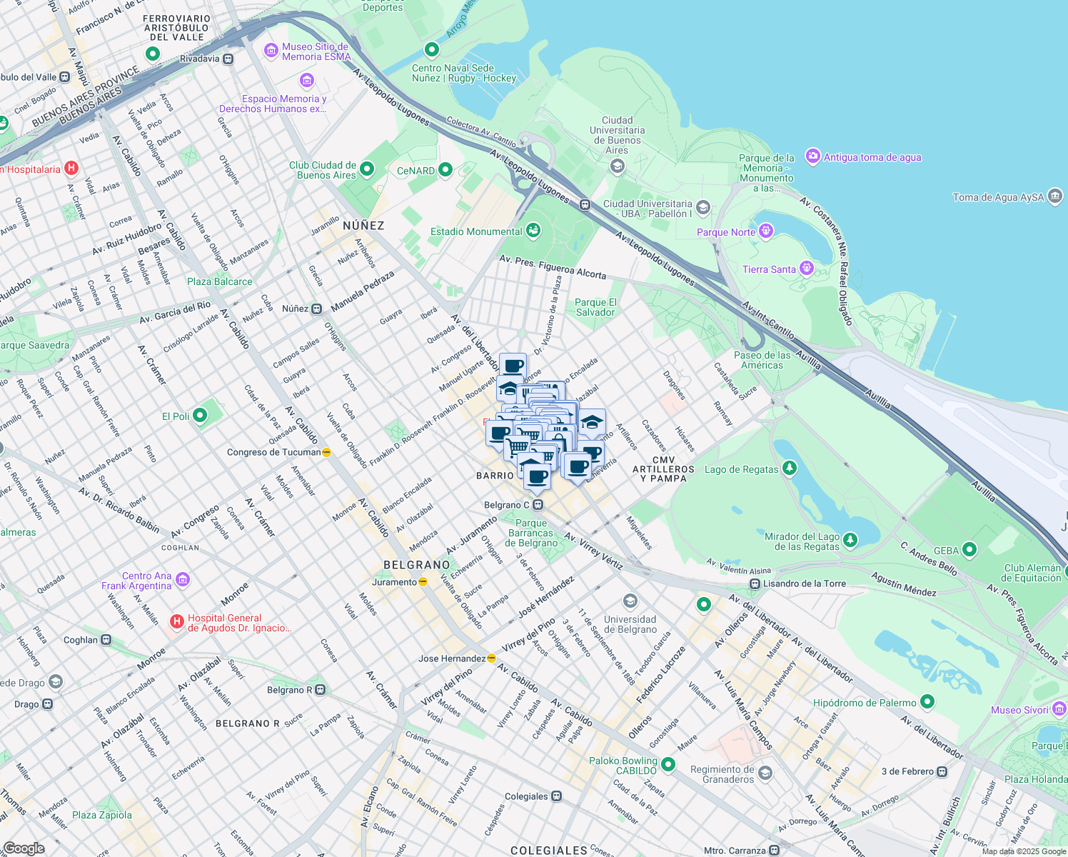 map of restaurants, bars, coffee shops, grocery stores, and more near 6200 Avenida del Libertador in Buenos Aires