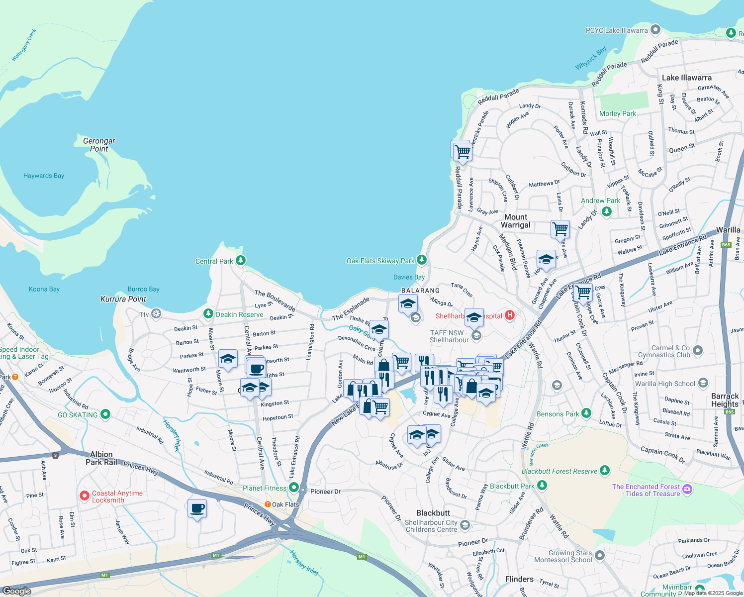 map of restaurants, bars, coffee shops, grocery stores, and more near The Esplanade in Oak Flats