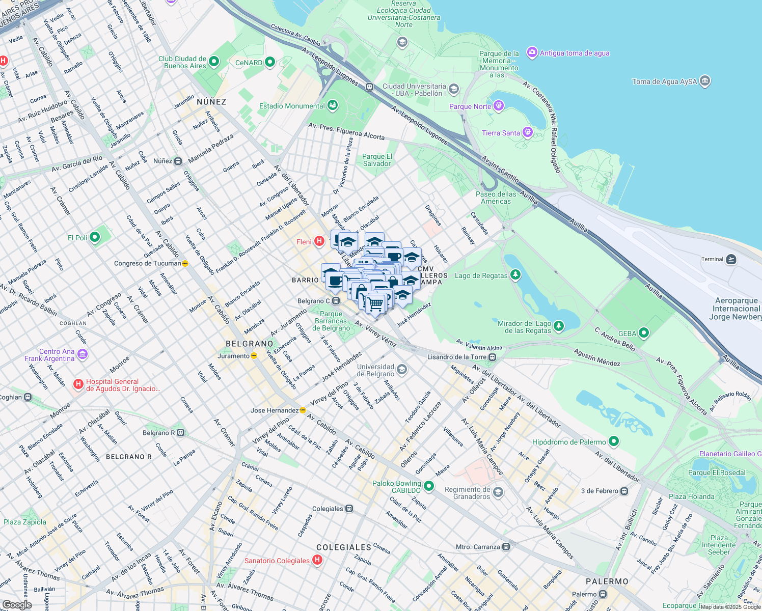 map of restaurants, bars, coffee shops, grocery stores, and more near 5755 Avenida del Libertador in Comuna 13