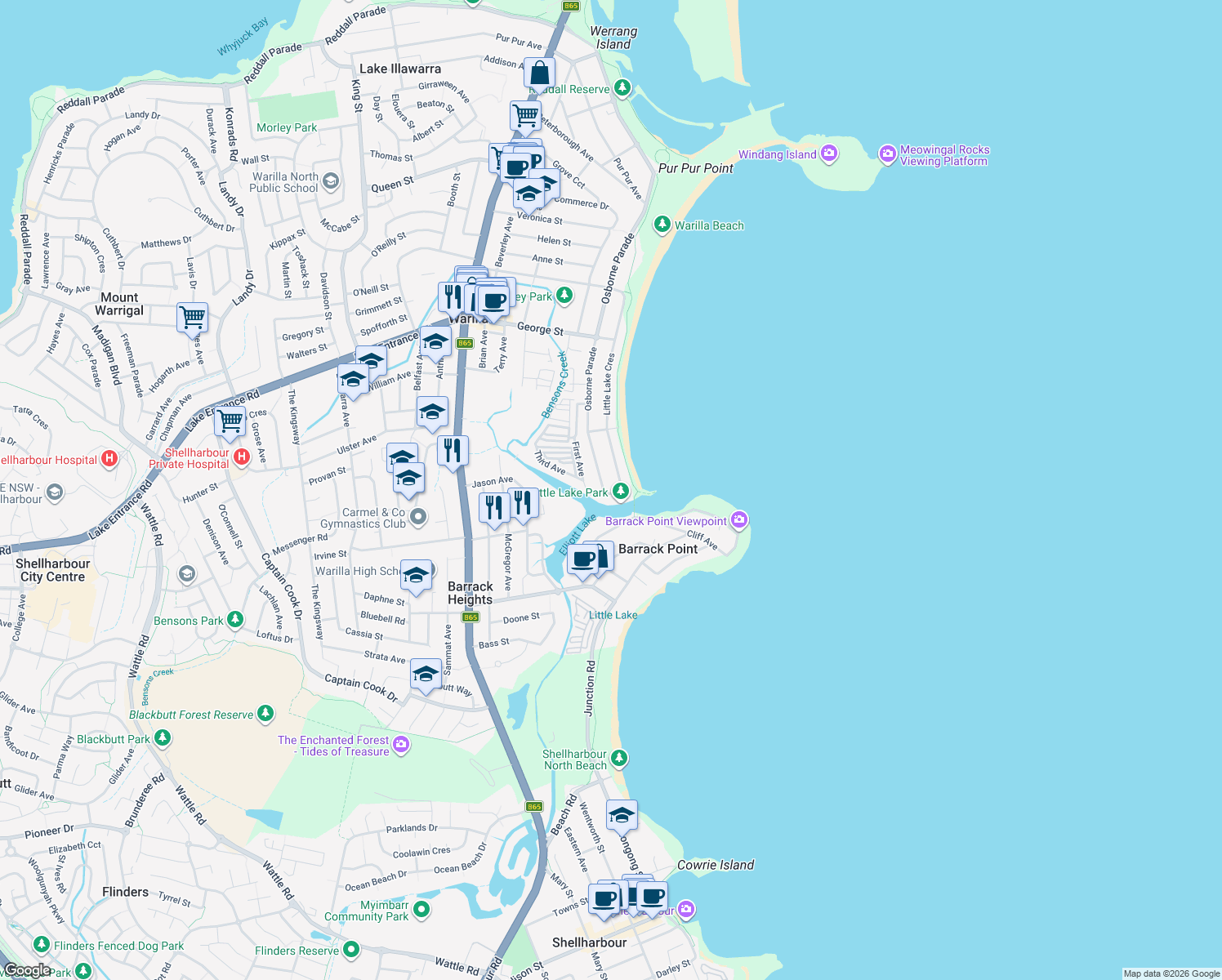 map of restaurants, bars, coffee shops, grocery stores, and more near 133 Osborne Parade in Warilla