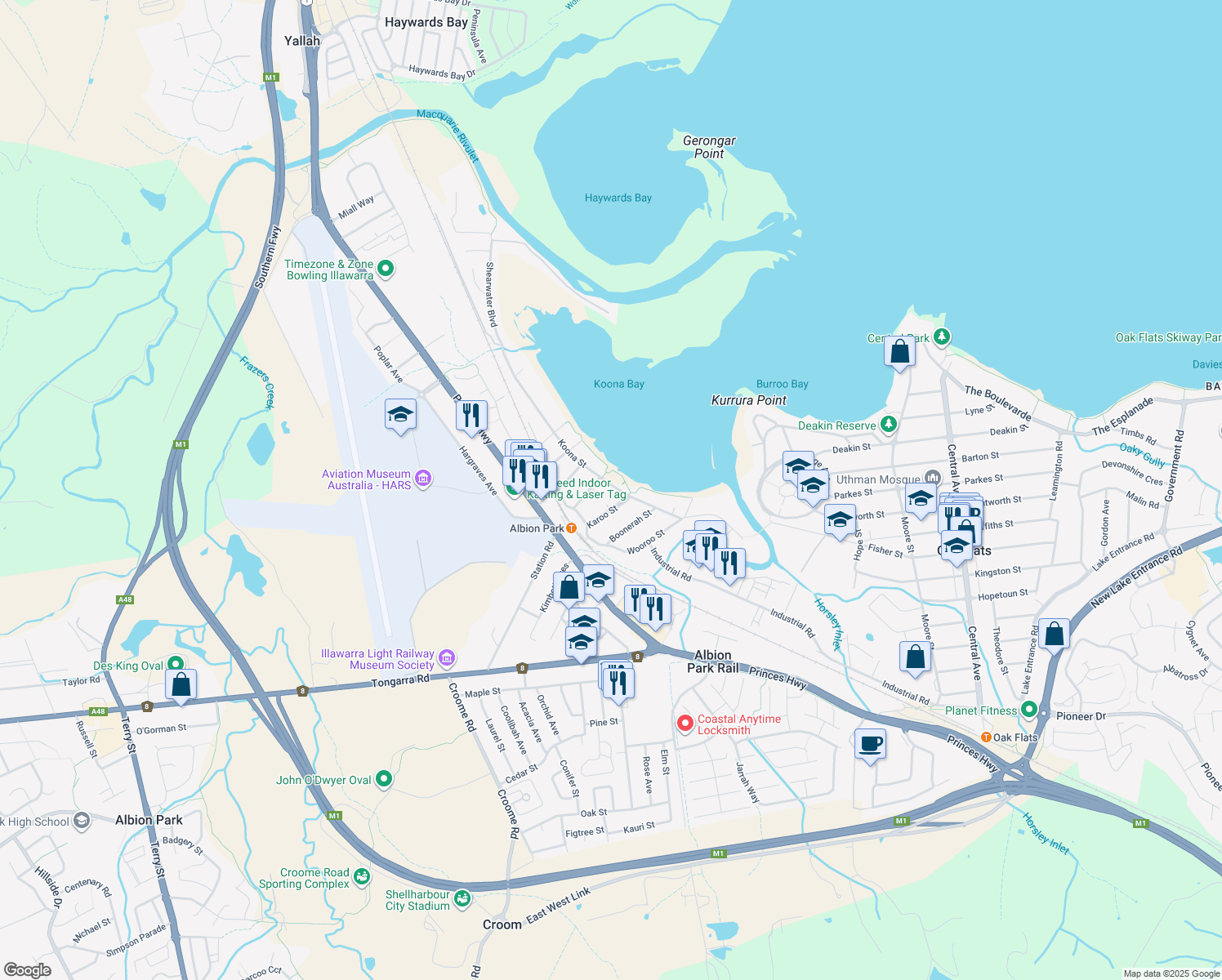 map of restaurants, bars, coffee shops, grocery stores, and more near 50 Koona Street in Albion Park Rail