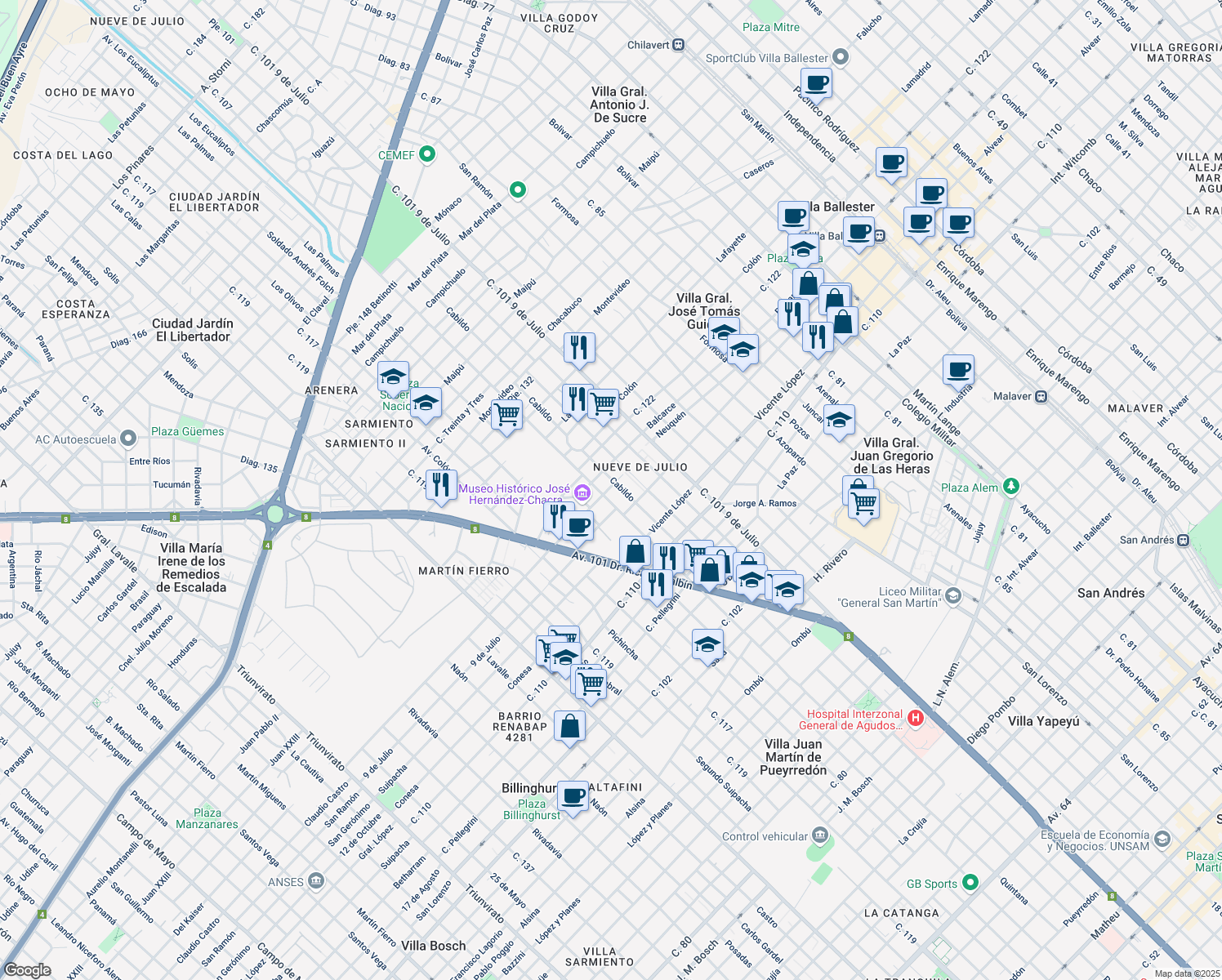map of restaurants, bars, coffee shops, grocery stores, and more near 4548 Martín Fierro in Villa Ballester