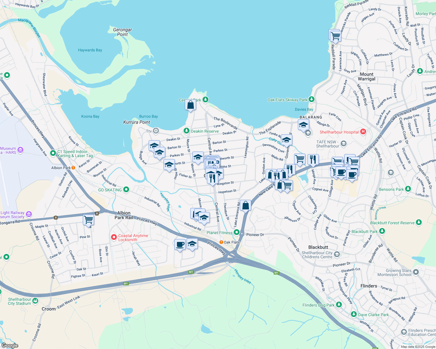 map of restaurants, bars, coffee shops, grocery stores, and more near 42 Fisher Street in Oak Flats