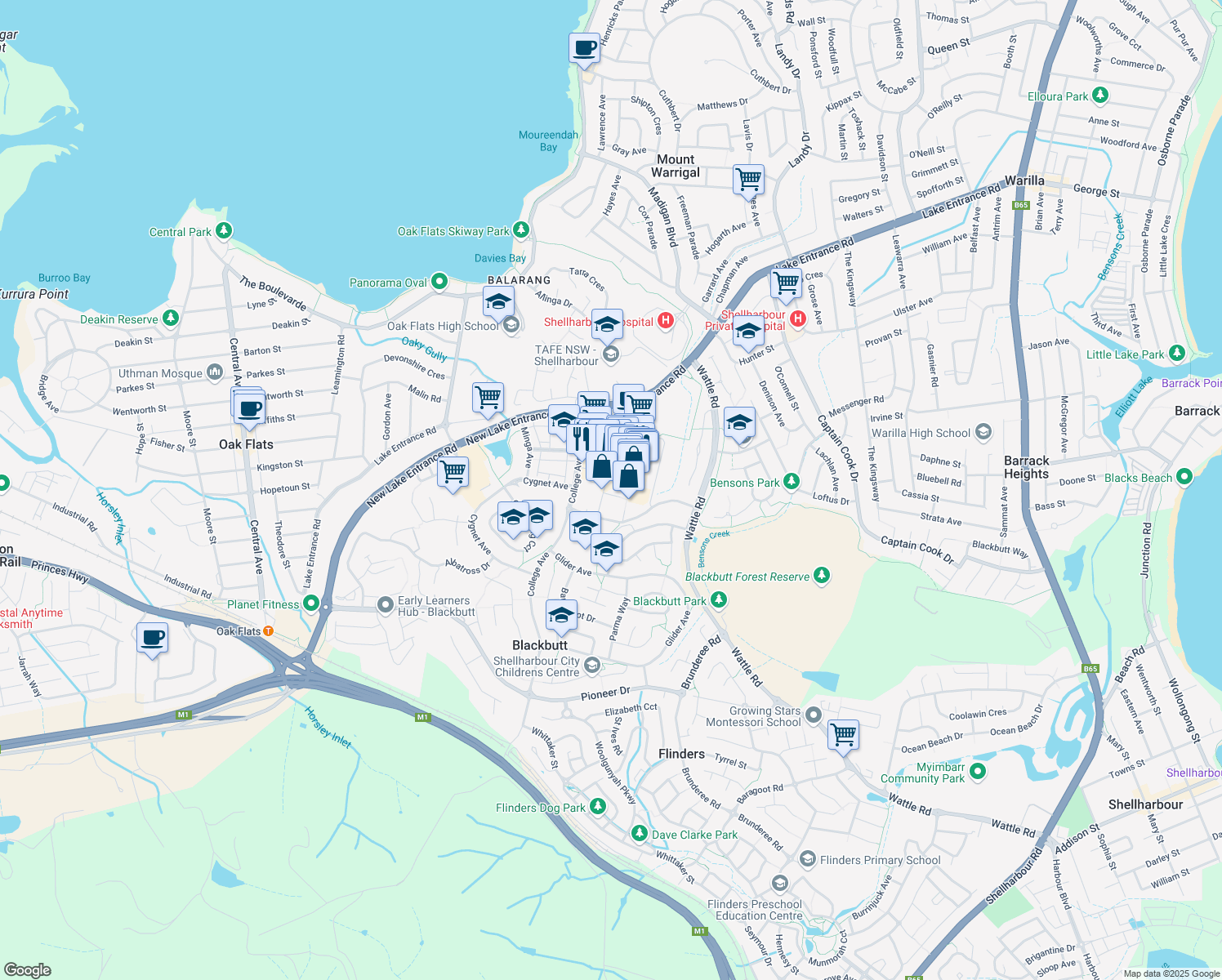 map of restaurants, bars, coffee shops, grocery stores, and more near in Shellharbour City Centre