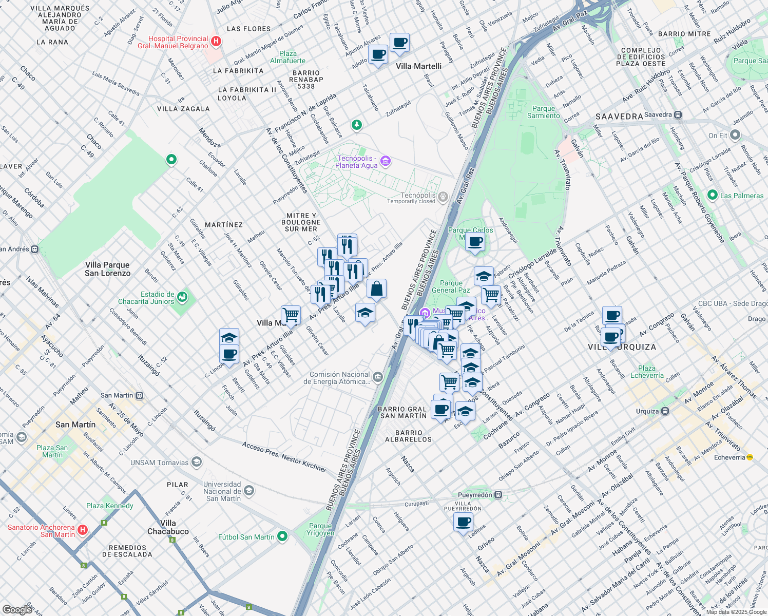 map of restaurants, bars, coffee shops, grocery stores, and more near 1350 Avenida de los Constituyentes in Villa Martelli