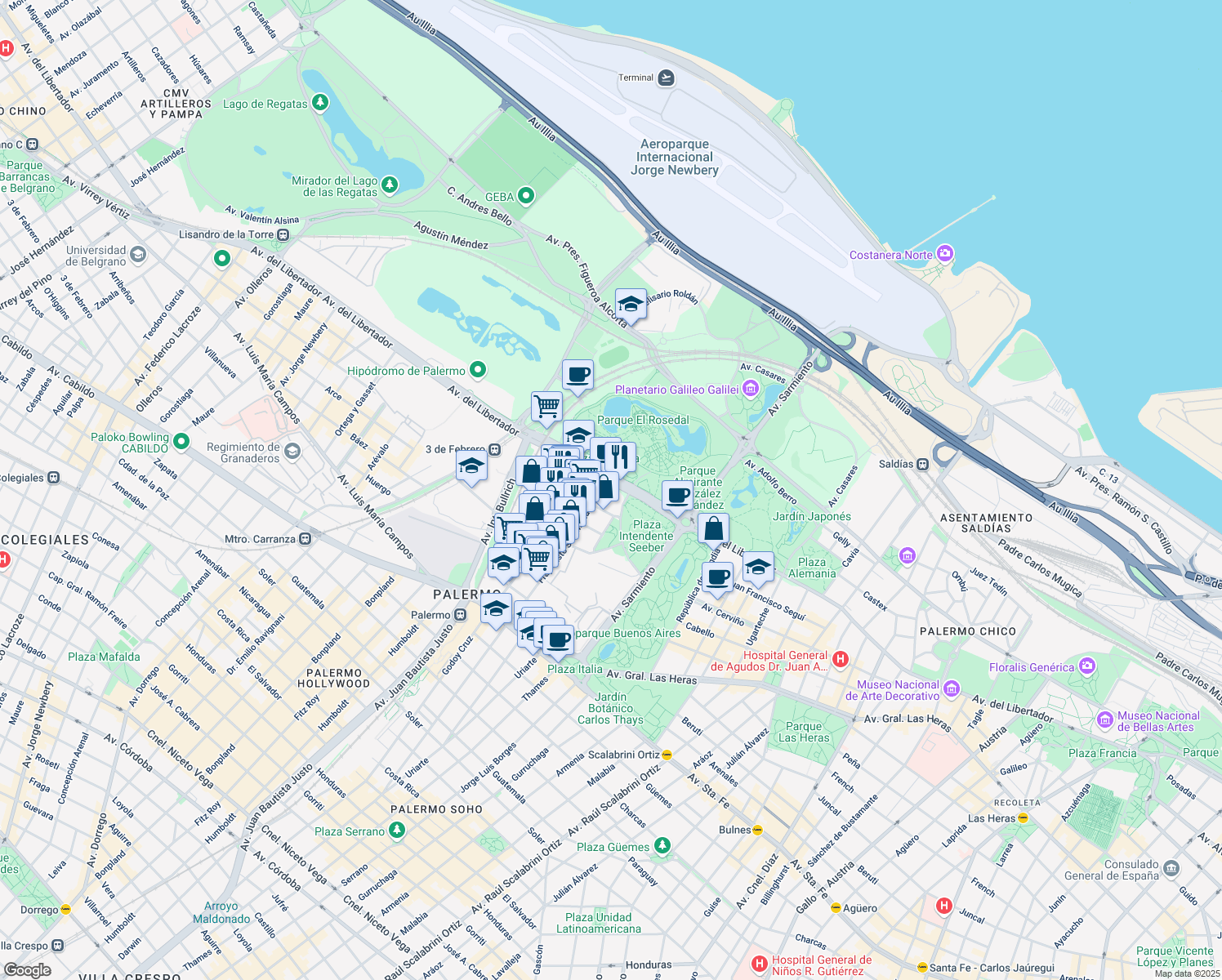 map of restaurants, bars, coffee shops, grocery stores, and more near 3540 Avenida del Libertador in Buenos Aires